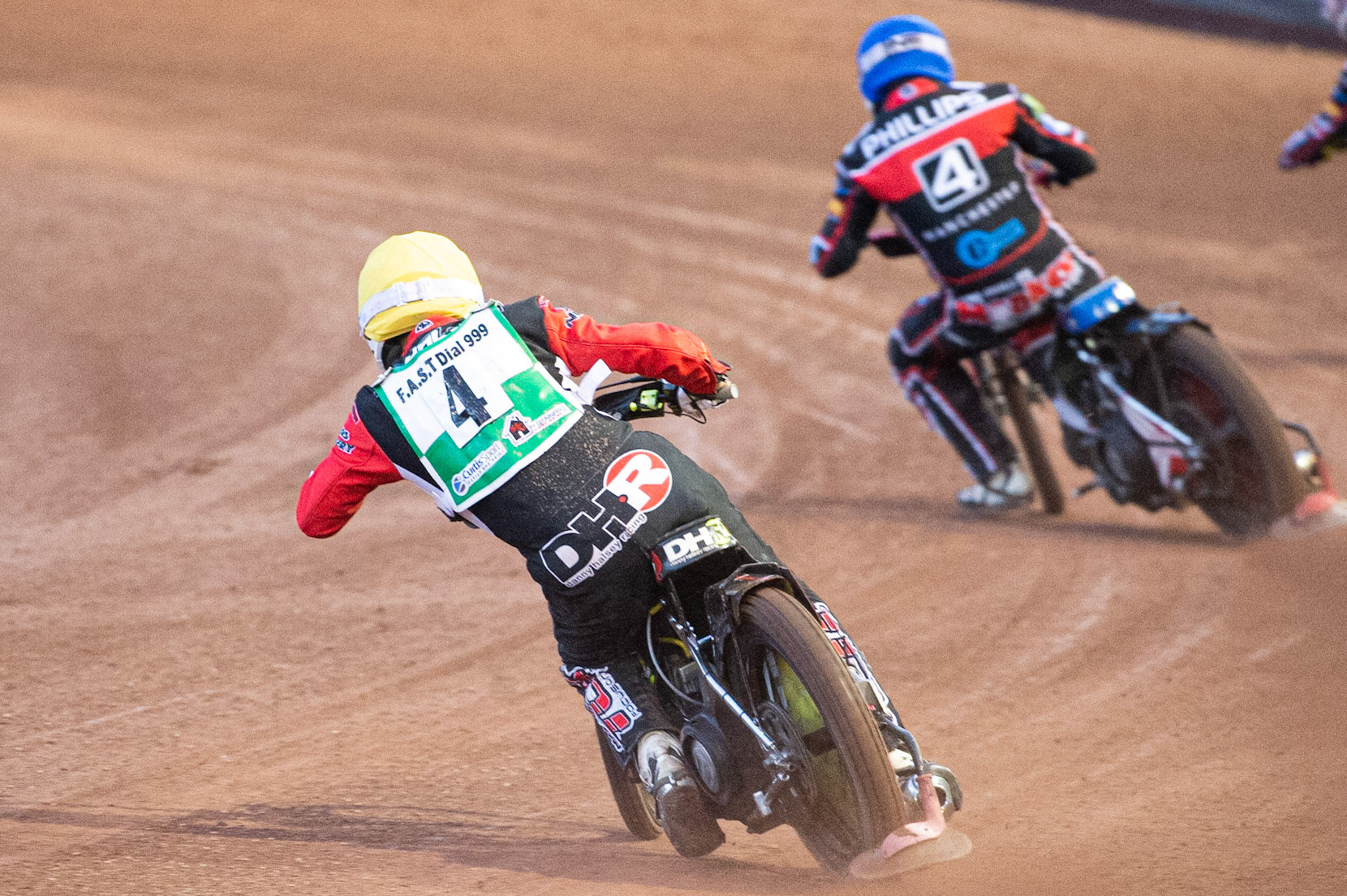 Photo: Ian Charles

Dan Halsey (Yellow) chases Danny Phillips (Blue)

Belle Vue Colts v Cradley Heathens, SGB National League, Belle Vue National Speedway Stadium, Manchester, Thursday 29  August  2019