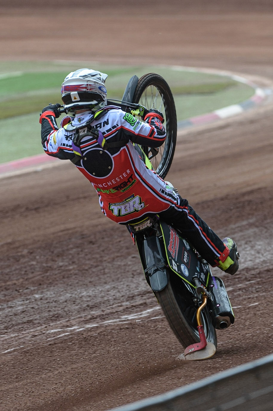 Photo: Ian CharlesTom Brennan pulls a wheelieBelle Vue Press &amp; Practice Day, National Speedway Stadium, Manchester Thursday  13  May  2021