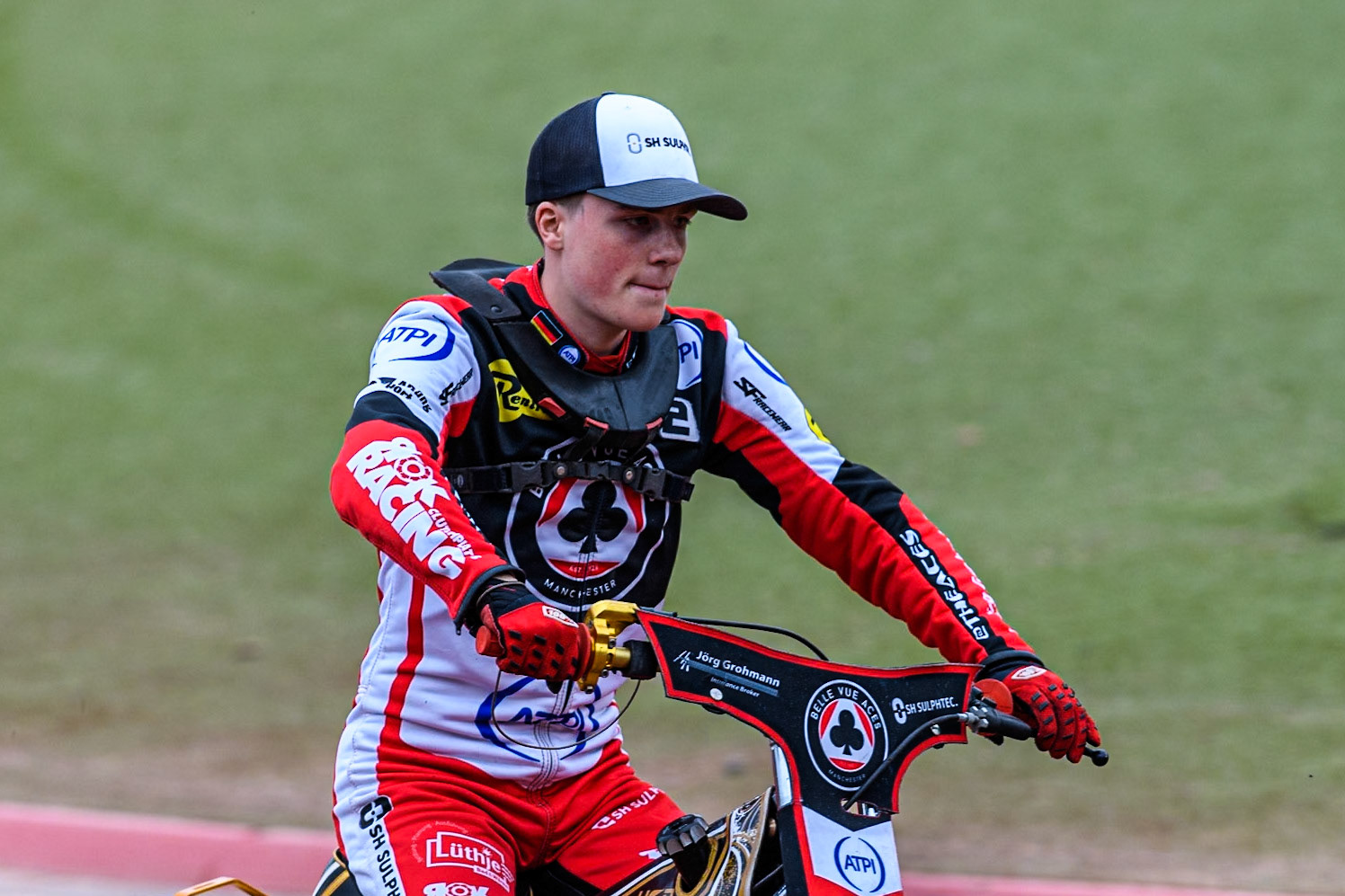Belle Vue Aces' Norick Blodorn on the parade lap during the Rowe Motor Oil Premiership match between Belle Vue Aces and Oxford Spires at the National Speedway Stadium, Manchester on Monday 22nd July 2024. (Photo: Ian Charles | MI News)