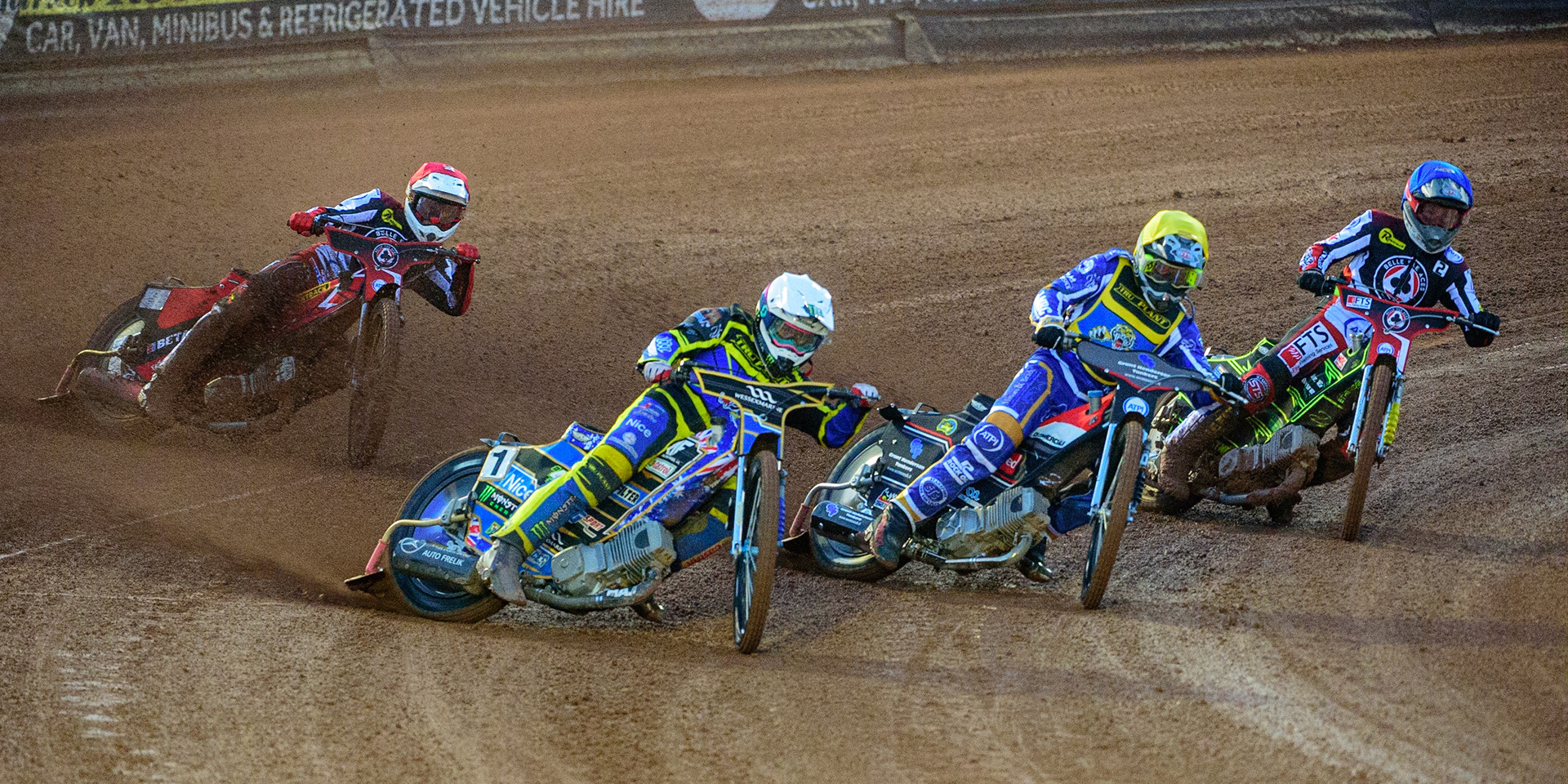 MANCHESTER, UK.  MAR 28TH. Jack Holder of Sheffield (White) leads Richie Worrall of Sheffield  (Yellow), Max Fricke of Belle Vue (Red) and Jye Etheridge of Belle Vue  (Blue)  during the SGB Premiership League Cup match between Belle Vue Aces and Sheffield Tigers at the National Speedway Stadium, Manchester on Monday 28th March 2022. (Credit: Ian Charles | MI News)