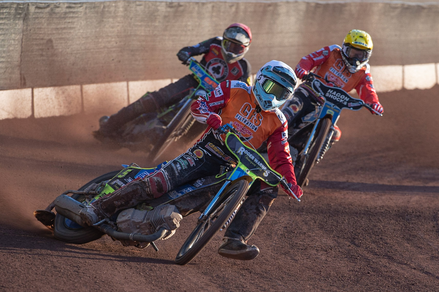 Photo: Ian Charles

Troy Batchelor  (White) and Jason Doyle  (Yellow) lead Dan Bewley  (Red)

Belle Vue Aces v Swindon Robins, British Speedway Premiership, Belle Vue National Speedway Stadium, Manchester, Monday 20  May  2019