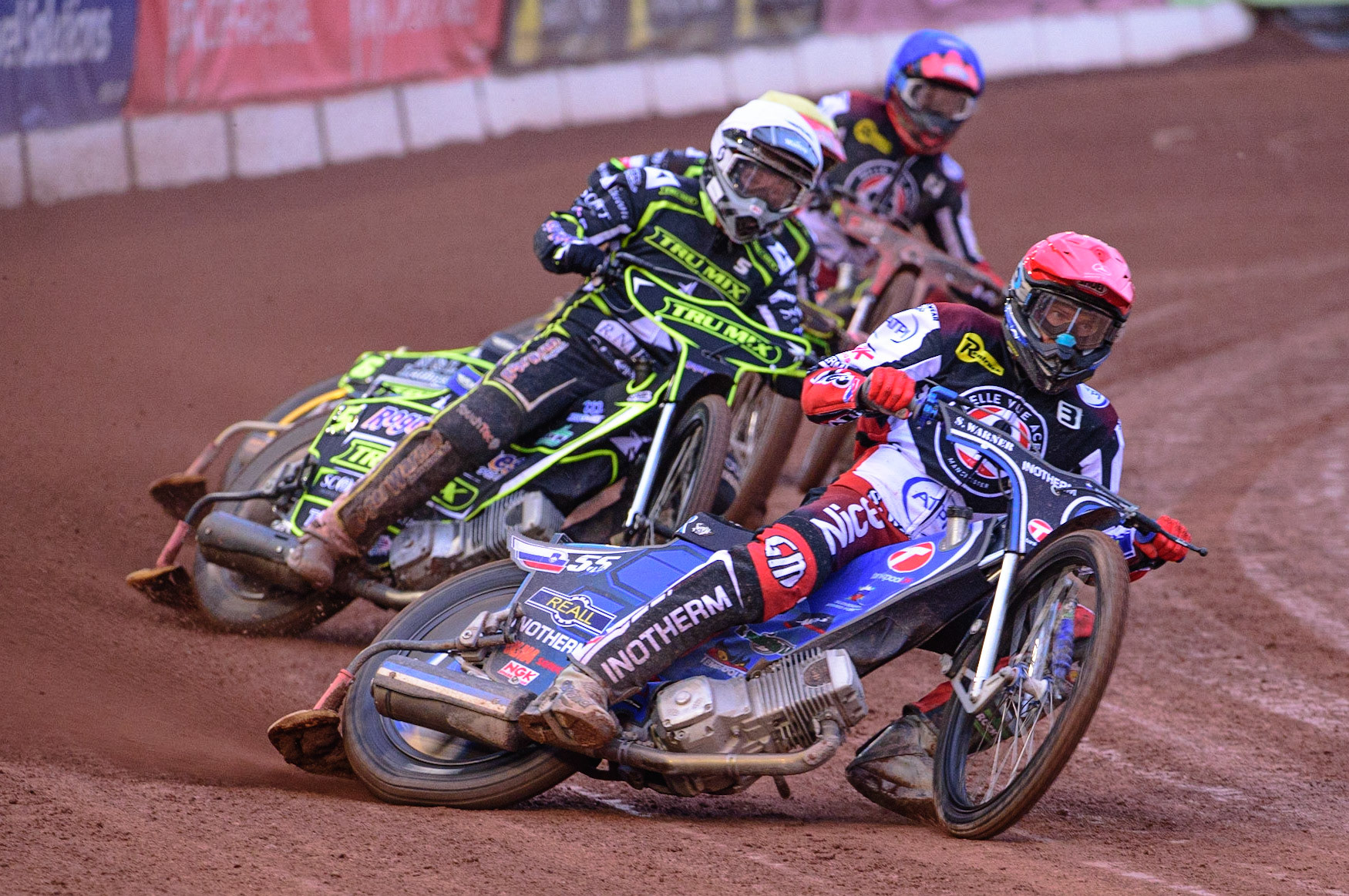 MANCHESTER, UK. JUN 6TH  Matej Žagar   (Red) leads Danny King  (White) and Justin Sedgmen (Yellow) with Jye Etheridge  (Blue) behind during the SGB Premiership match between Belle Vue Aces and Ipswich Witches at the National Speedway Stadium, Manchester on Monday 6th June 2022. (Credit: Ian Charles | MI News)