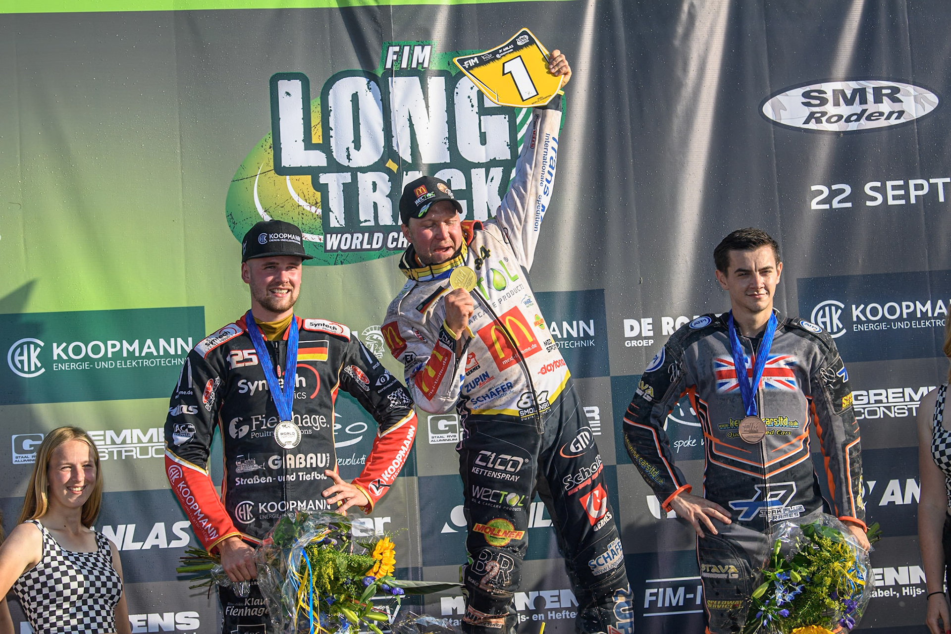 World Championship Top 3: (L to R) Lukas Fienhage (125) of Germany (2nd), Martin Smolinski (84) of Germany (World Champion), Zach Wajtknecht (109) of Great Britain (Third) during the FIM Long Track World Championship Final 5 at the Speed Centre Roden, Roden, Netherlands on Sunday 22nd September 2024. (Photo: Ian Charles | MI News)