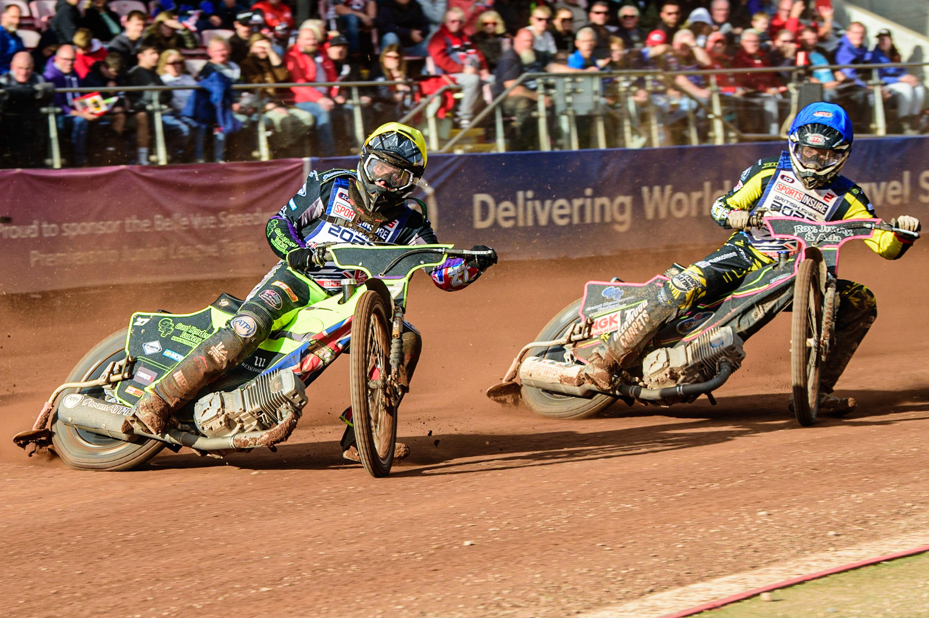 Tom Brennan  (Yellow) leads Leon Flint  (Blue) during the Sports Insure British Speedway Final, at the National Speedway Stadium, Manchester, on Sunday 18th September 2022. (Credit: Ian Charles | MI News )