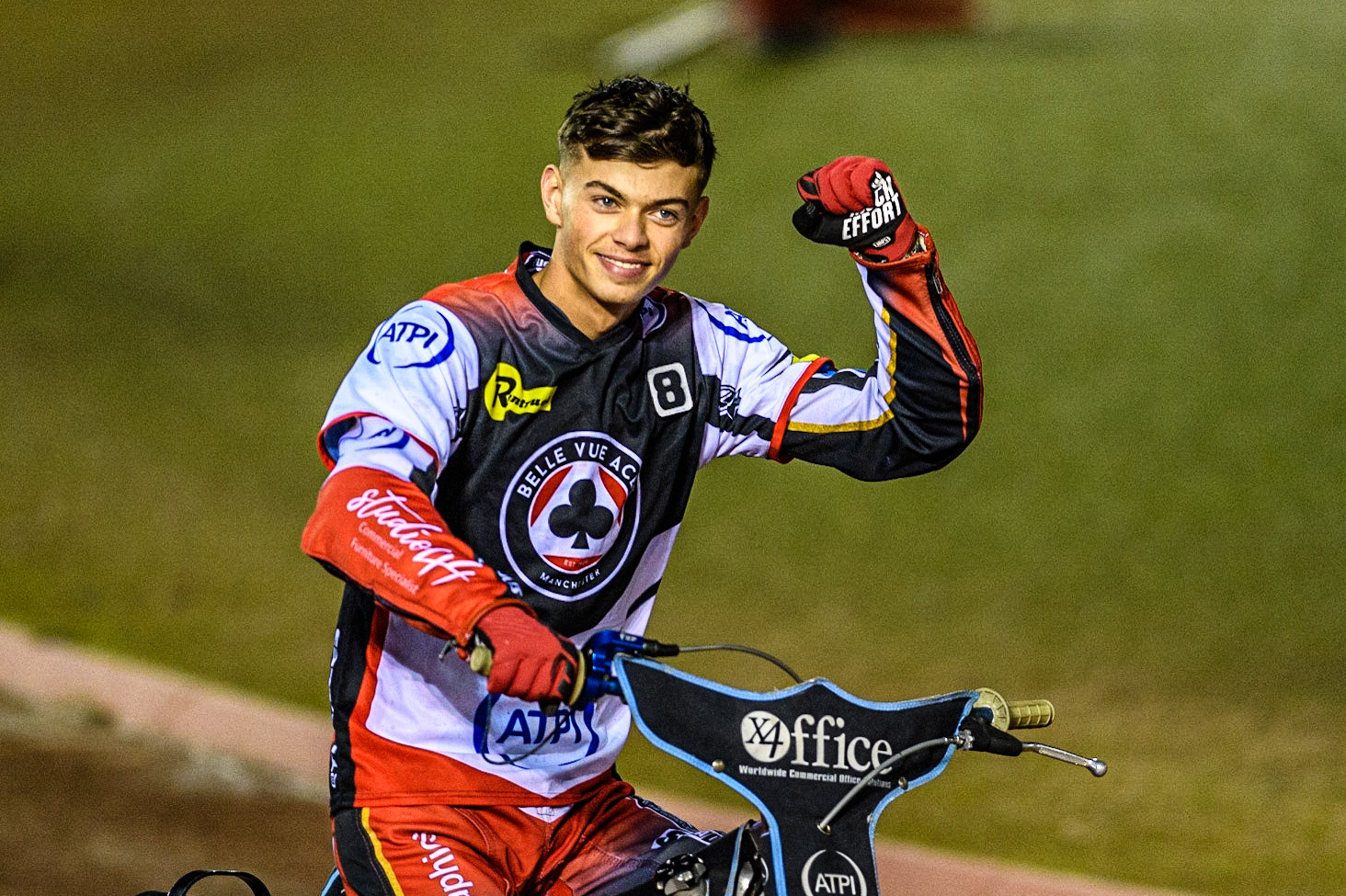 Freddy Hodder on the pre meeting parade during the Sports Insure Premiership Semi Final Playoff 2nd leg match between Belle Vue Aces and Ipswich Witches at the National Speedway Stadium, Manchester on Monday 25th September 2023. (Photo: Ian Charles | MI News)