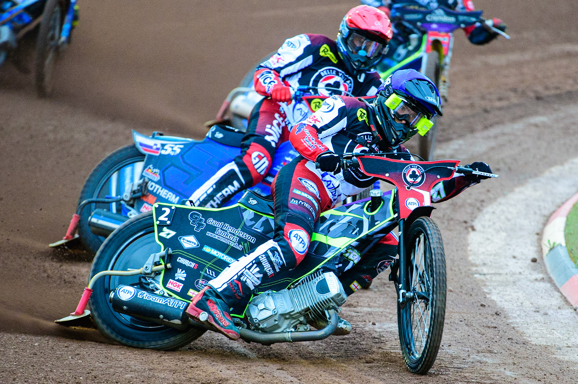 Tom Brennan (Blue) leads Matej Zagar (Red) during the SGB Premiership match between Belle Vue Aces and Peterborough at the National Speedway Stadium, Manchester on Monday 25th July 2022. (Credit: Ian Charles | MI News