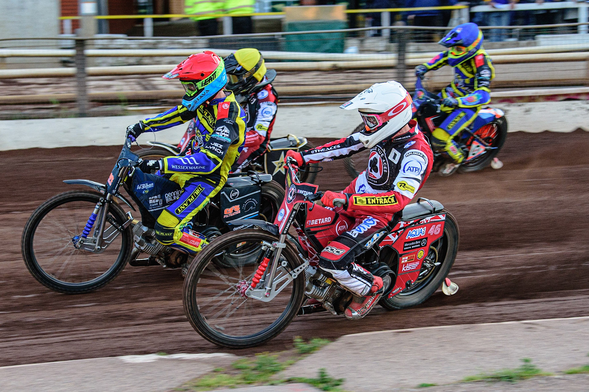 SHEFFIELD, UK. MAY 26TH  Max Fricke  (White) inside Adam Ellis (Red), Norick Blödorn  (Yellow) and Stefan Nielsen  (Blue) during the SGB Premiership match between Sheffield Tigers and Belle Vue Aces at Owlerton Stadium, Sheffield on Thursday 26th May 2022. (Credit: Ian Charles | MI News)
