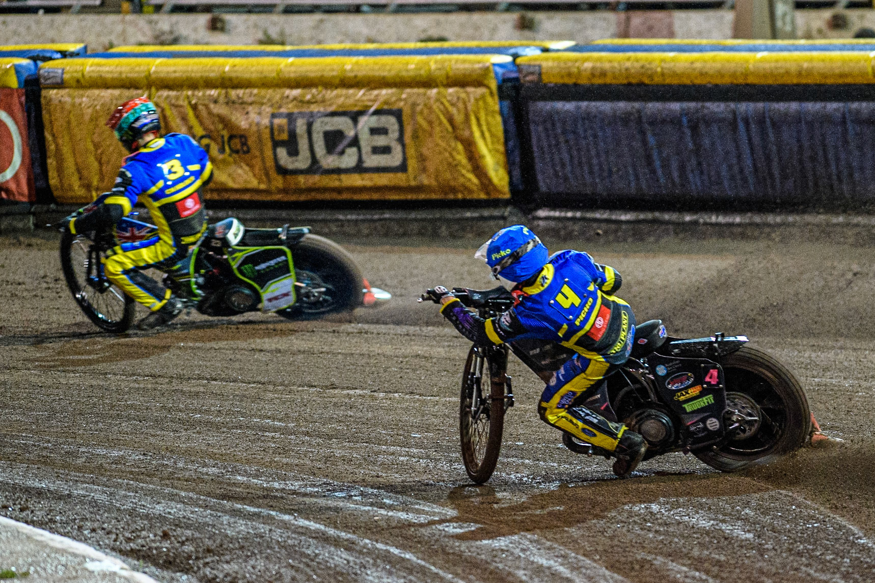 Josh Pickering (Blue) chases team mate Chris Holder (Red) as the Tigers gain maximum points during the Sports Insure Premiership Grand Final Second Leg match between Sheffield Tigers and Ipswich Witches at Owlerton Stadium, Sheffield on Thursday 5th October 2023. (Photo: Ian Charles | MI News)