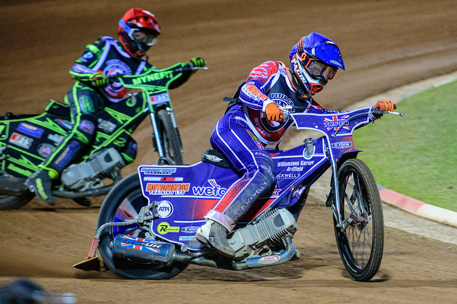 MANCHESTER, UK. OCT 23RD  Jordan Palin  (Blue) leads Jye Etheridge  (Red) during the Peter Craven Memorial Trophy event at the National Speedway Stadium, Manchester on Saturday 23rd October 2021. (Credit: Ian Charles | MI News)