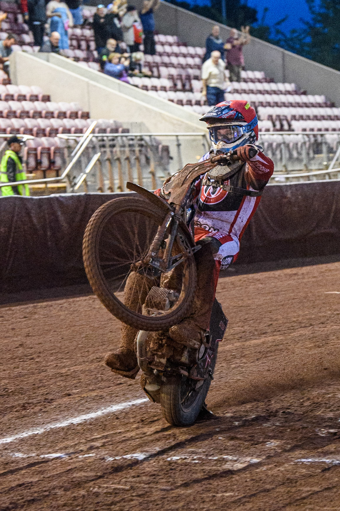 Belle Vue Colts' Sam Hagon  celebrates with a wheelie during the WSRA National Development League match between Belle Vue Colts and Oxford Chargers at the National Speedway Stadium, Manchester on Friday 2nd August 2024. (Photo: Ian Charles | MI News)