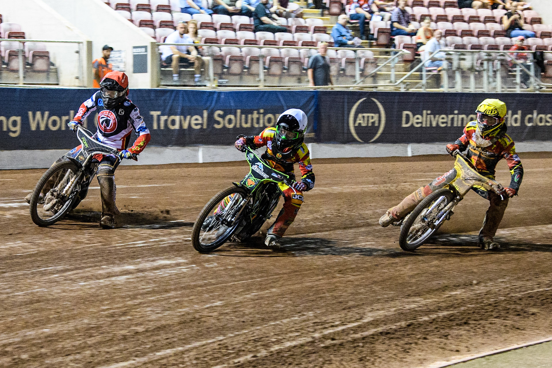 Max Perry (White) leads  Matt Marson (Red) and Max James (Yellow) during the National Development League match between Belle Vue Colts and Leicester Lion Cubs at the National Speedway Stadium, Manchester on Friday 8th September 2023. (Photo: Ian Charles | MI News)