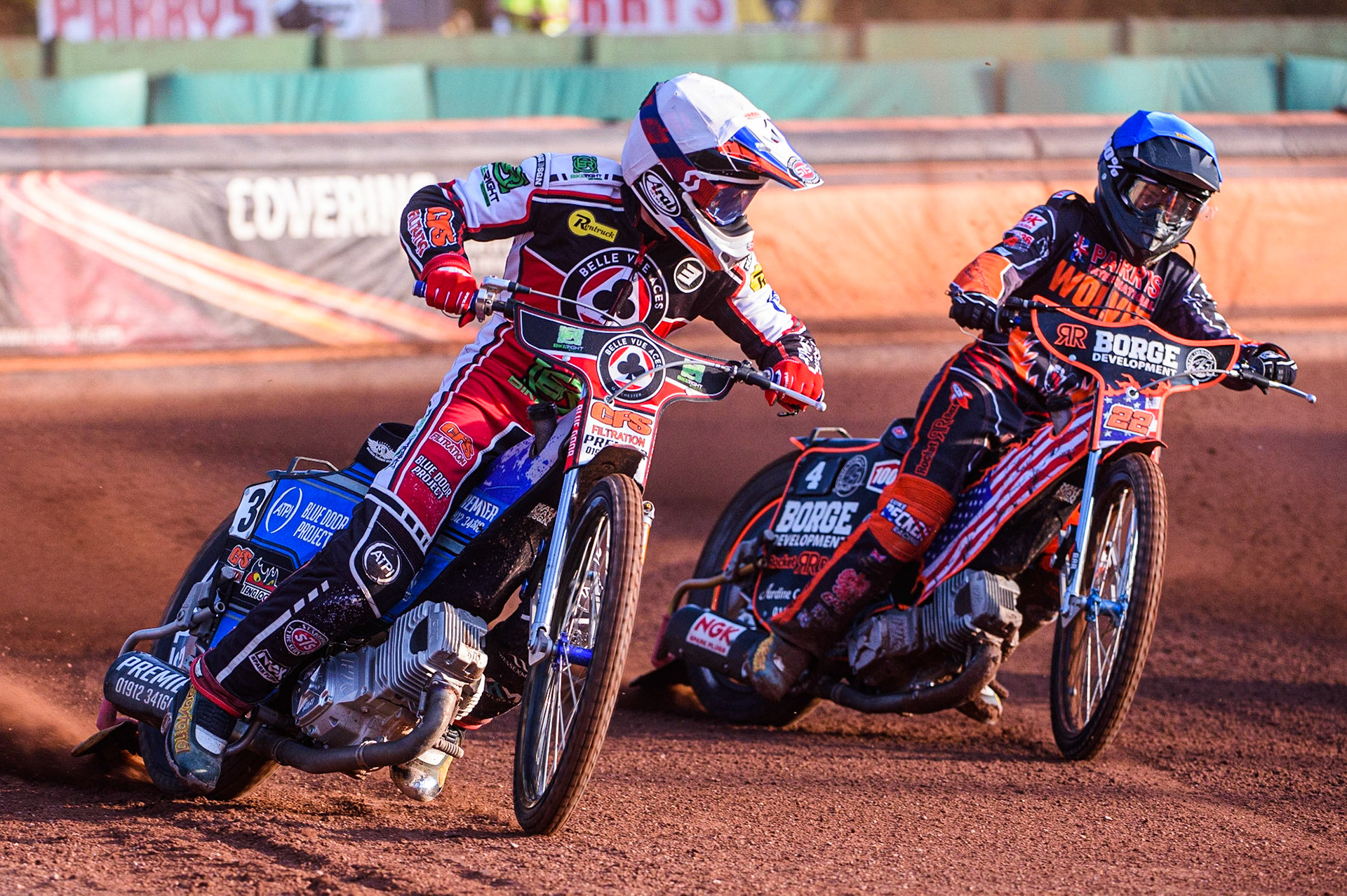 WOLVERHAMPTON, UK. JULY 26TH Steve Worrall  (White) leads Luke Becker (Blue) during the SGB Premiership match between Wolverhampton Wolves and Belle Vue Aces at the Ladbroke Stadium, Wolverhampton on Monday 26th July 2021. (Credit: Ian Charles | MI News)