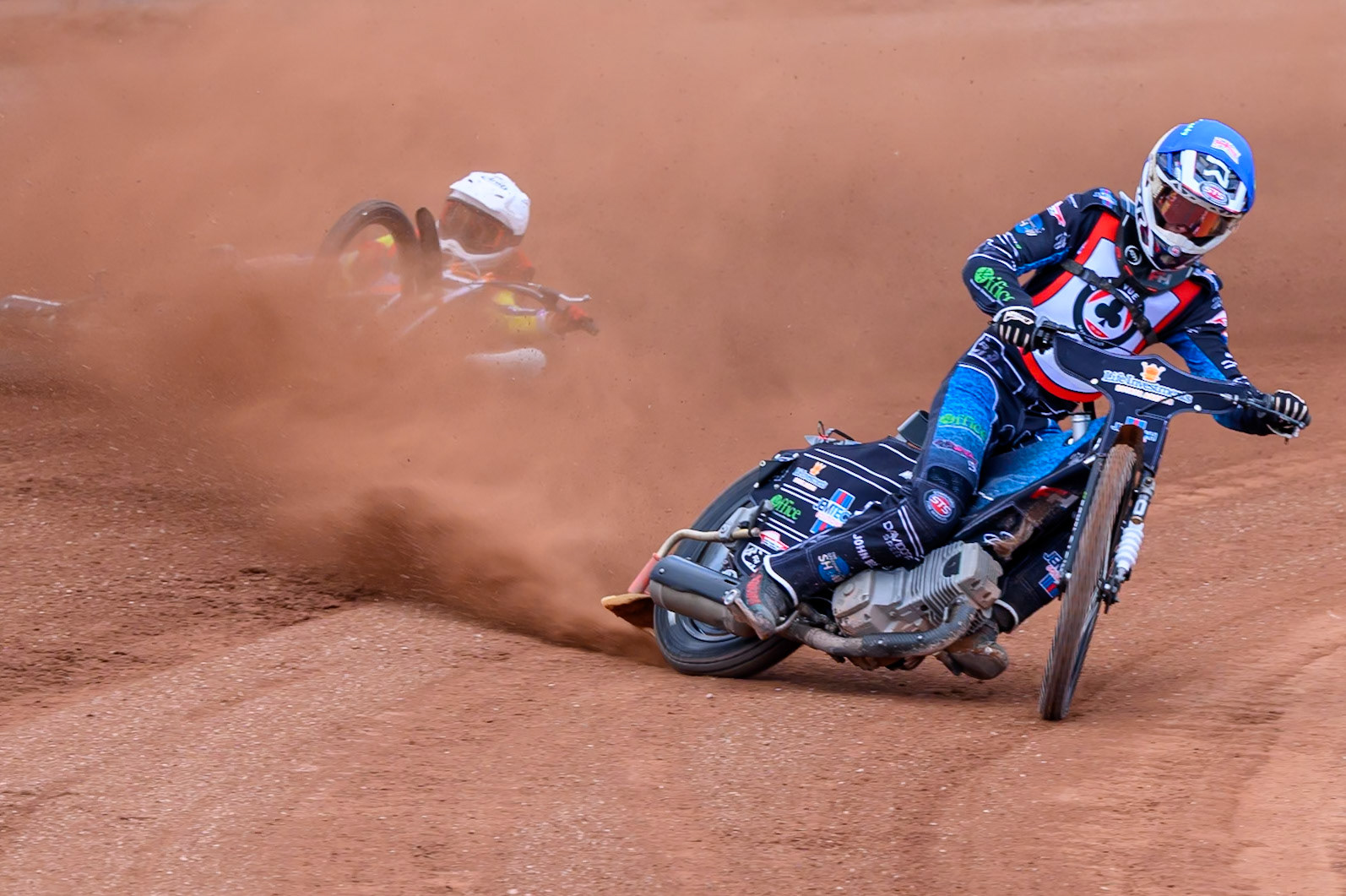 JR ASHWORTH &amp; SONS COLTS ACADEMY INDIVIDUALFreddy Hodder  in Blue leading Harry Fletcher  in White who slides off during the JR Ashworth &amp; Sons Colts Individual at the National Speedway Stadium, Manchester on Sunday 10th May 2026. (Photo: Ian Charles | MI News)