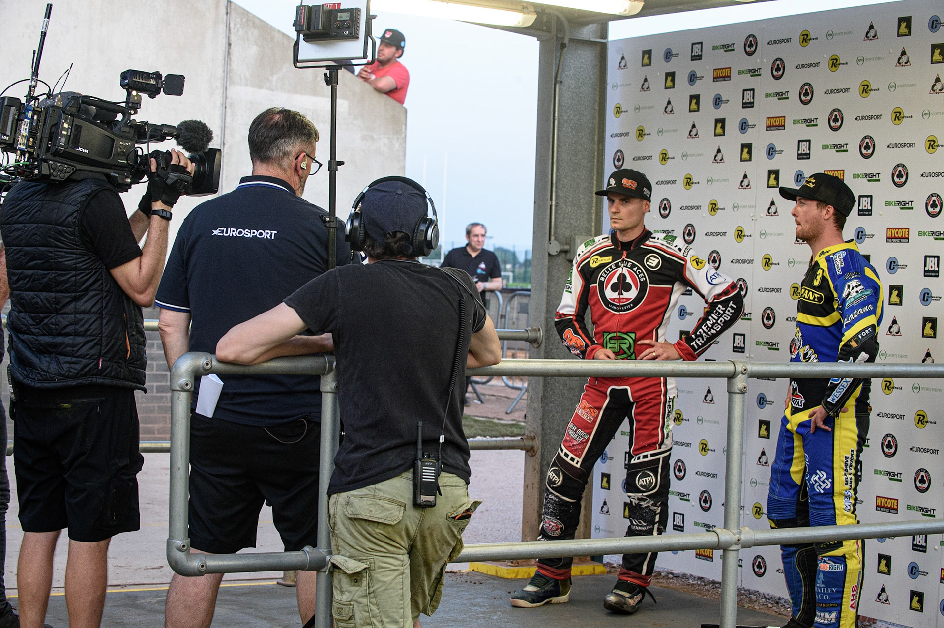 MANCHESTER, UK. SEPT 6TH  The Team Captains Steve Worrall  (left) and Kyle Howarth  perform the toss for the TV Cameras during the SGB Premiership match between Belle Vue Aces and Sheffield Tigers at the National Speedway Stadium, Manchester on Monday 6th September 2021. (Credit: Ian Charles | MI News)