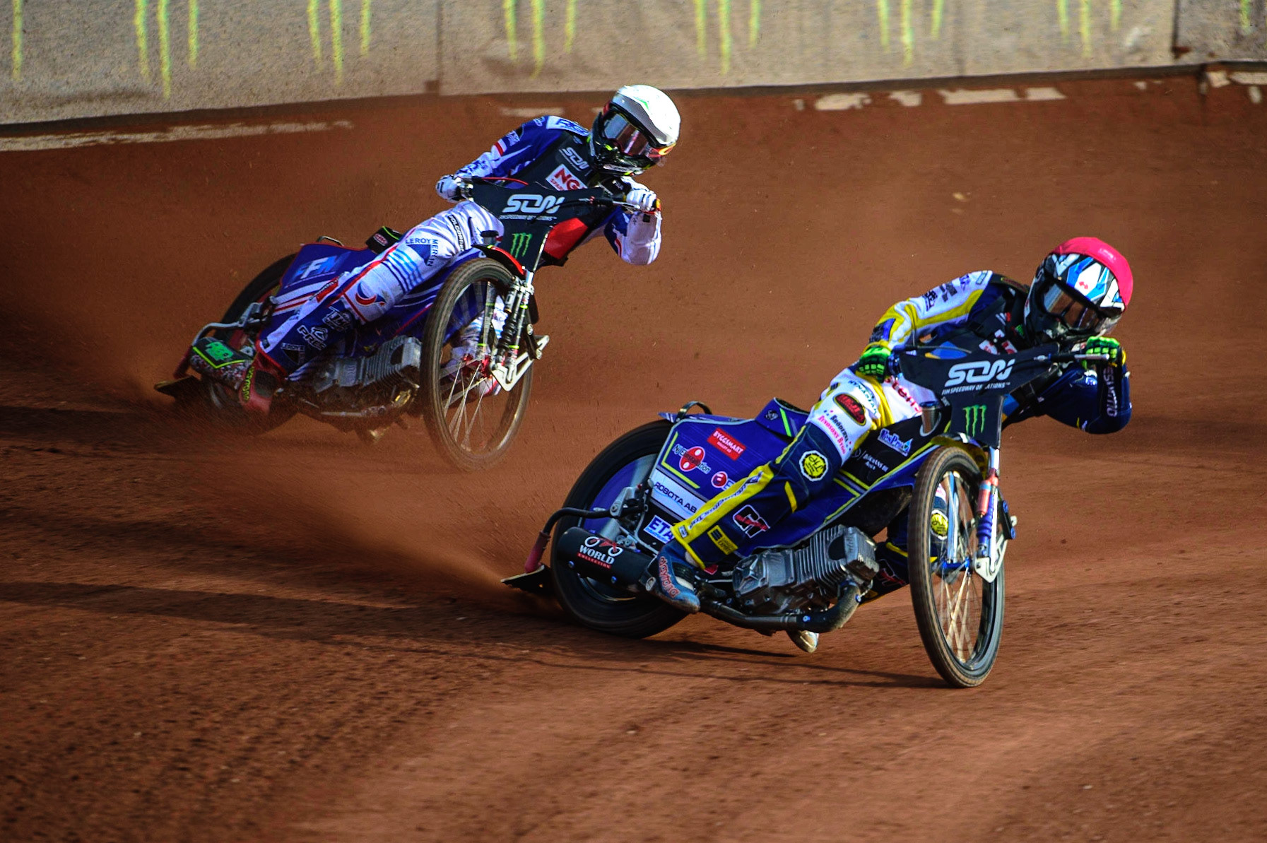 MANCHESTER, UK. OCT 16TH Pontus Aspgren of Sweden (Red) leads David Bellego of France (White) during the Monster Energy FIM Speedway of Nations at the National Speedway Stadium, Manchester on Saturday  16th October 2021. (Credit: Ian Charles | MI News)