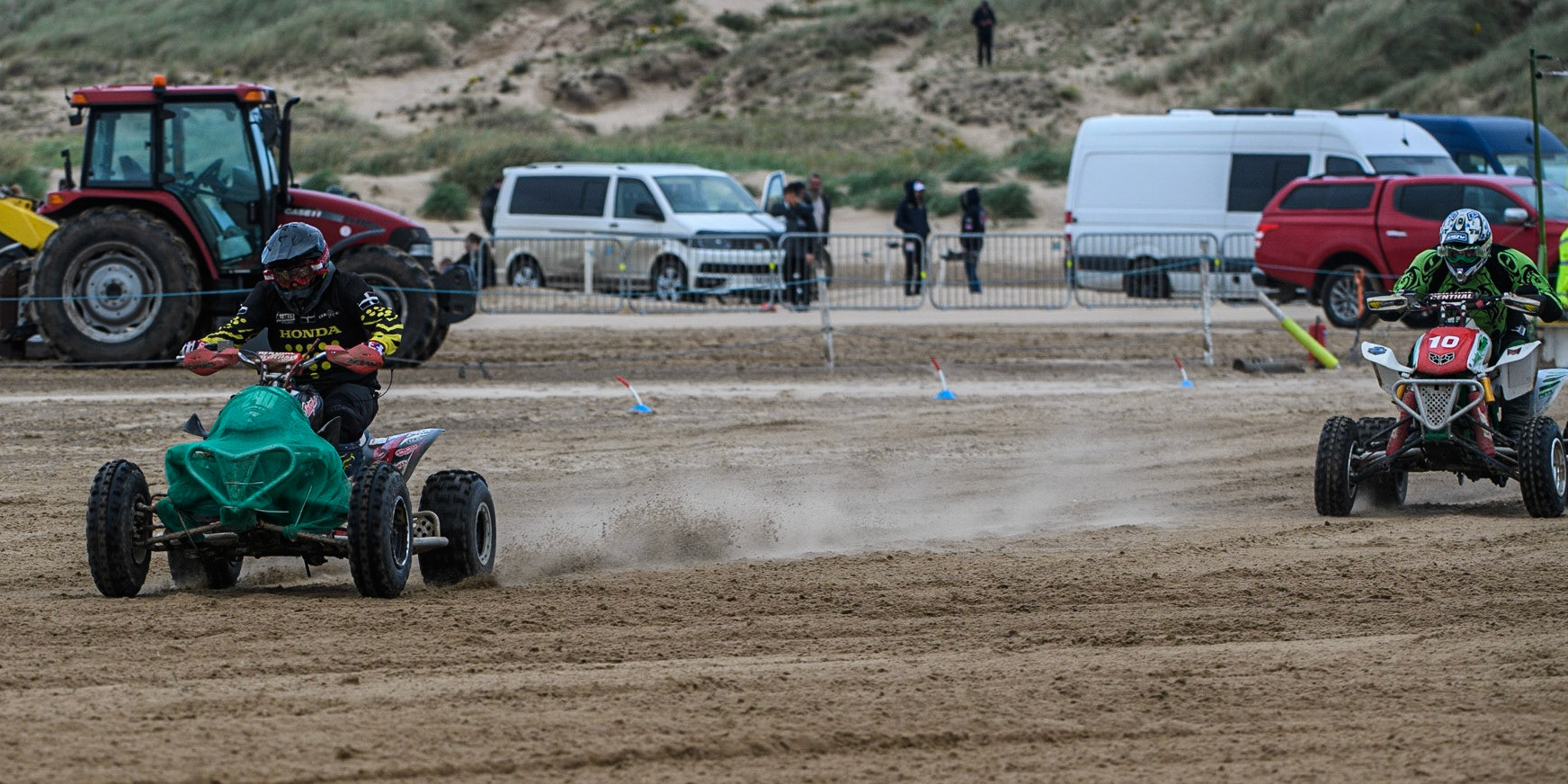 Dan Bray (240) leads Duncan Elliot (10) during the Fylde ACU British Sand Racing Masters Championship at  St Annes on Sea, Lancashire on Sunday 30th July 2023. (Photo: Ian Charles | MI News)