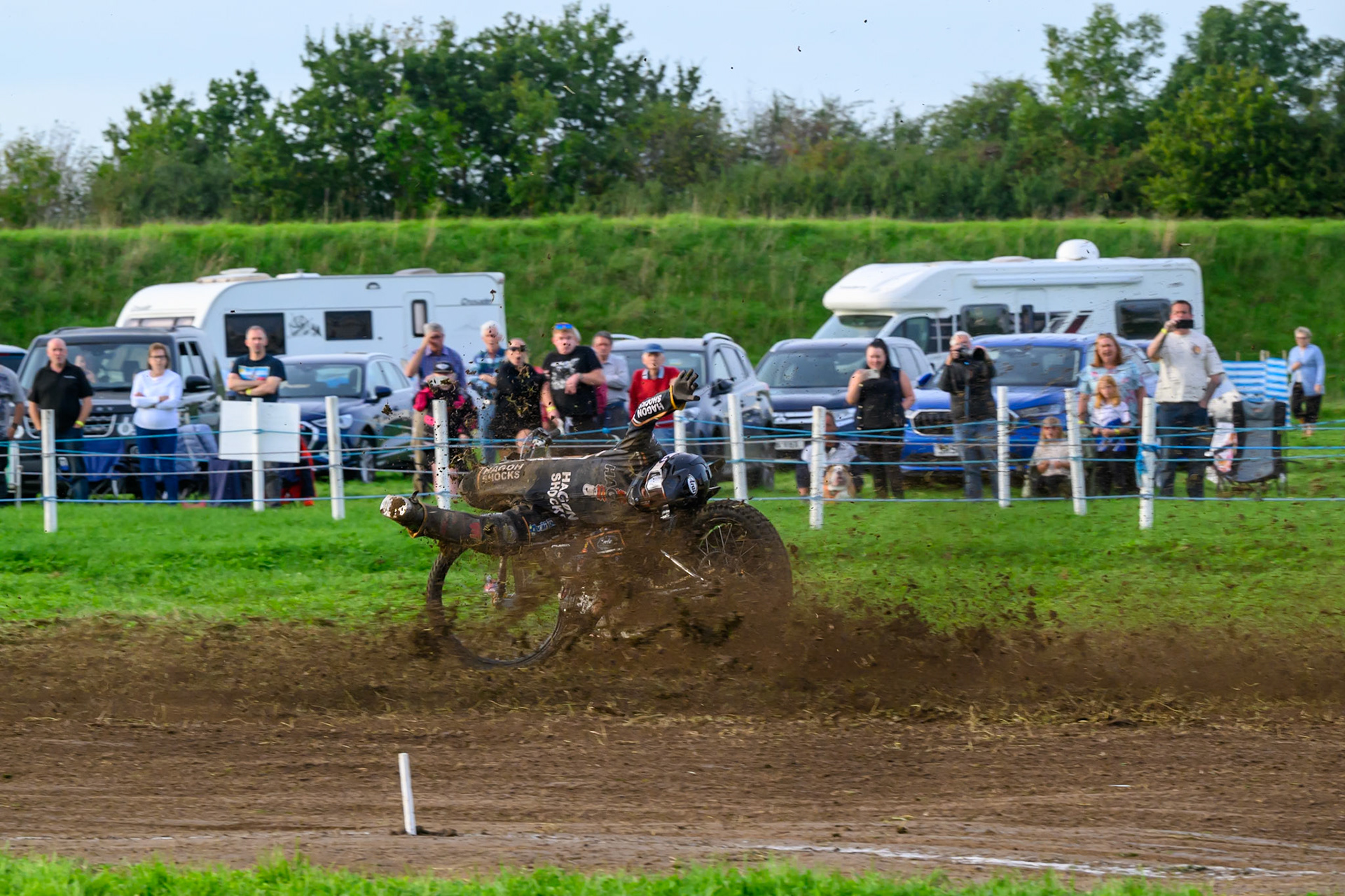 British Masters (Solos): Ashton Vale (152) catches the back wheel of Chris Harris (37)  and comes off during the British Masters Grasstrack Championship at Lower Marsh Farm, Much Hoole, Preston in Lancashire, England on Sunday 13th September 2026. (Photo: Ian Charles | MI News)