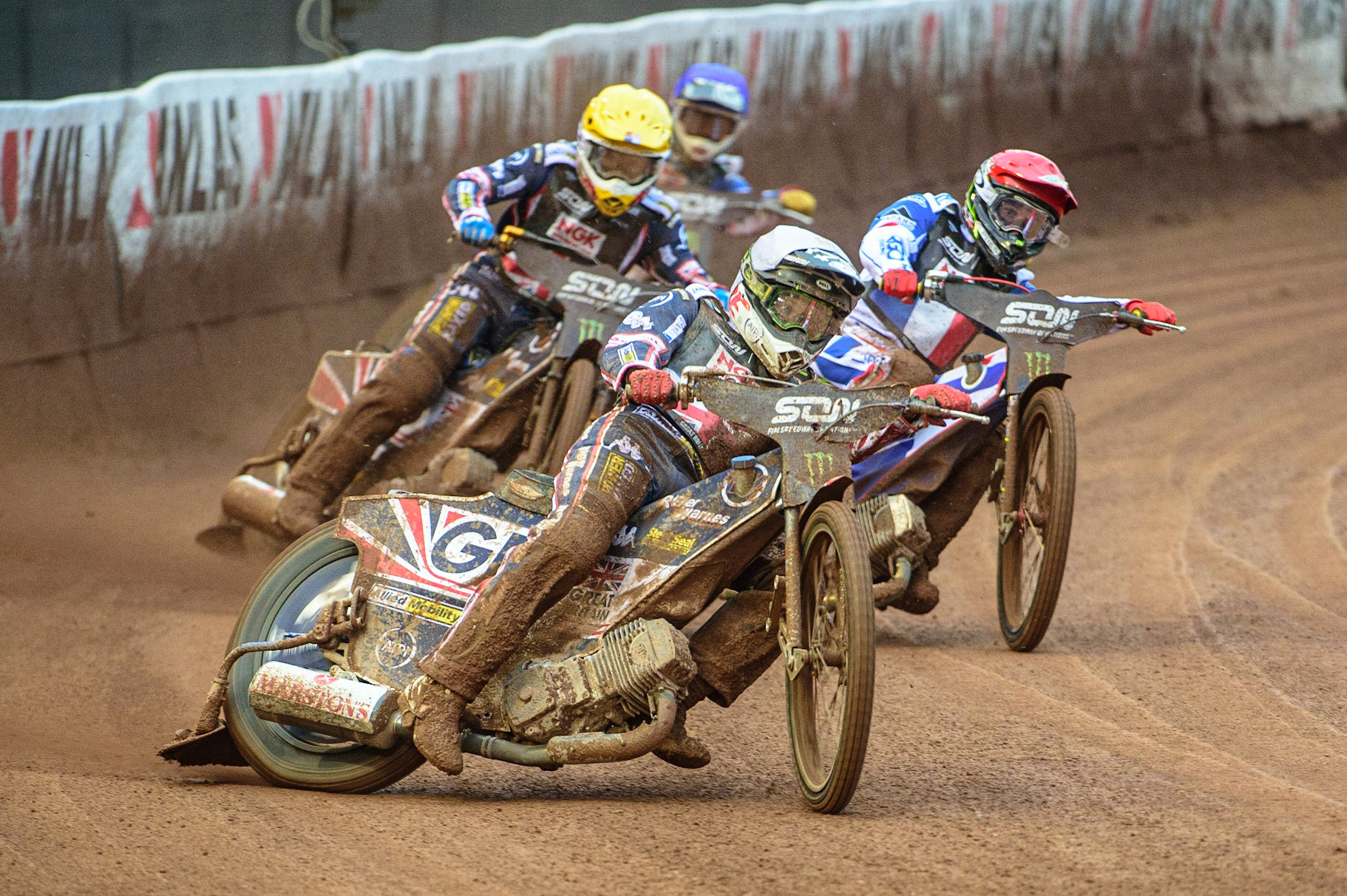 MANCHESTER, UK. OCT 17TH Dan Bewley of Great Britain (White) leads David Bellego of France (Red) Robert Lambert of Great Britain (Yellow) and Dmitri Berge of France (Blue) during the Monster Energy FIM Speedway of Nations at the National Speedway Stadium, Manchester on Sunday  17th October 2021. (Credit: Ian Charles | MI News)