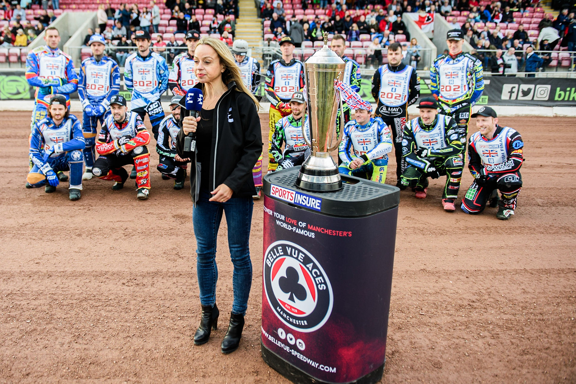 MANCHESTER, UK. MAY 12TH: The Premier League Captains: (l-r) Rory Schlein,  Lewis Kerr, Scott Nichols, Kyle Howarth, Danny King, Steve Worrall  Discovery Networks Eurosport Speedway Season Launch at the National  Speedway Stadium