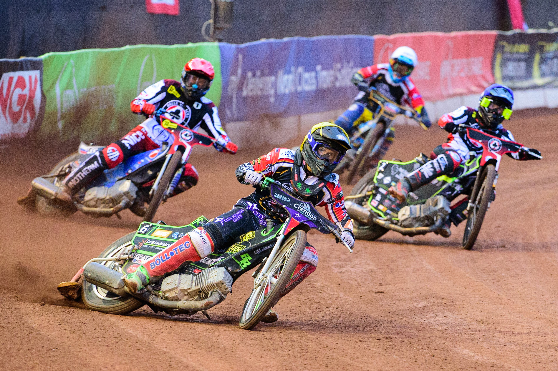 Benjamin Basso  (Yellow) leads Matej Zagar (Red) Tom Brennan (Blue) and Justin Sedgmen  (White) during the SGB Premiership match between Belle Vue Aces and Peterborough at the National Speedway Stadium, Manchester on Monday 25th July 2022. (Credit: Ian Charles | MI News