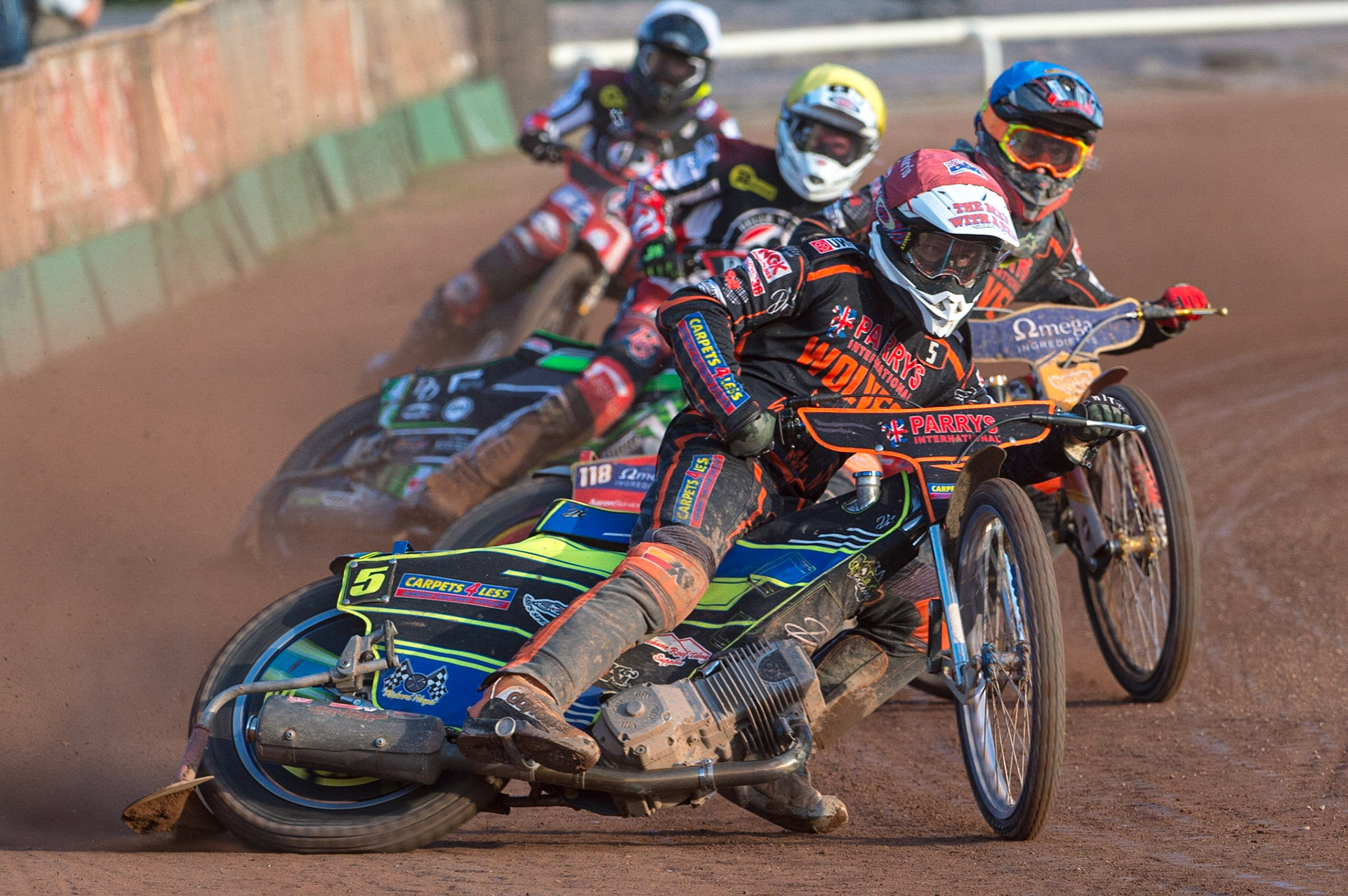 WOLVERHAMPTON, UK. JUN 20TH Nick Morris  (Red) and Drew Kemp  (Blue) lead Charles Wright  (Yellow) and Tom Brennan  (White) during the SGB Premiership match between Wolverhampton Wolves and Belle Vue Aces at Monmore Green Stadium, Wolverhampton on Monday 20th June 2022. (Credit: Ian Charles | MI News)