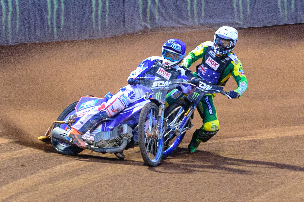 MANCHESTER, UK. OCT 16TH Jason Doyle of Australia (White) locks up behind Dmitri Berge of France (Blue) during the Monster Energy FIM Speedway of Nations at the National Speedway Stadium, Manchester on Saturday  16th October 2021. (Credit: Ian Charles | MI News)