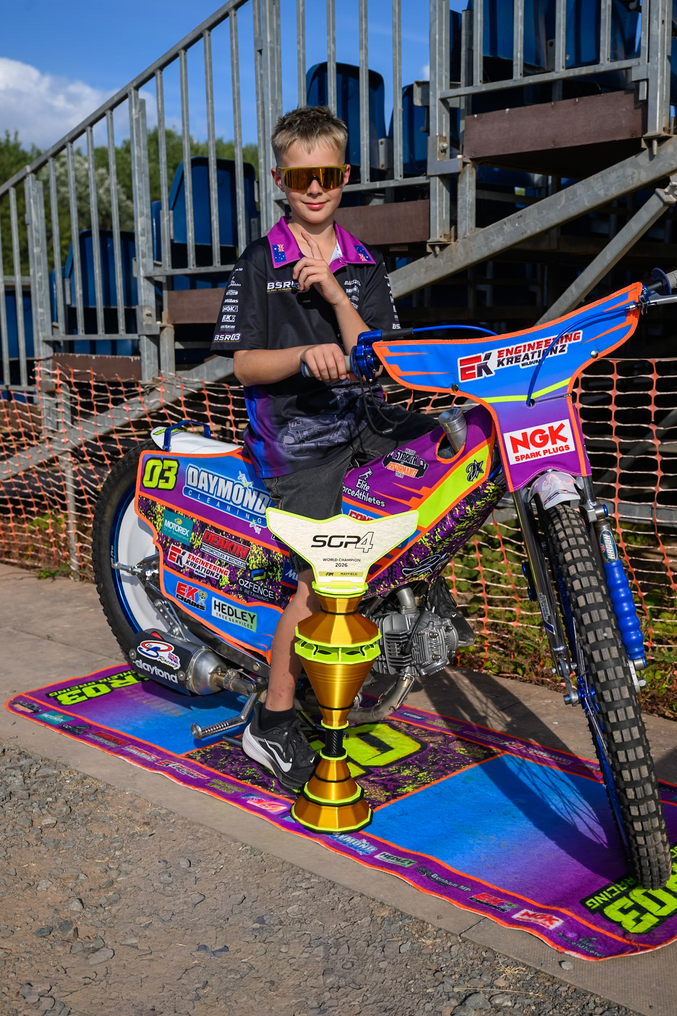 SGP 4 World Champion, Blake Schlein from Australia with his trophy during the Rowe Motor Oil Premiership match between Leicester Lions and Belle Vue Aces at the Hydroscan Arena, Leicester on Thursday 23rd July 2026. (Photo: Ian Charles | MI News)