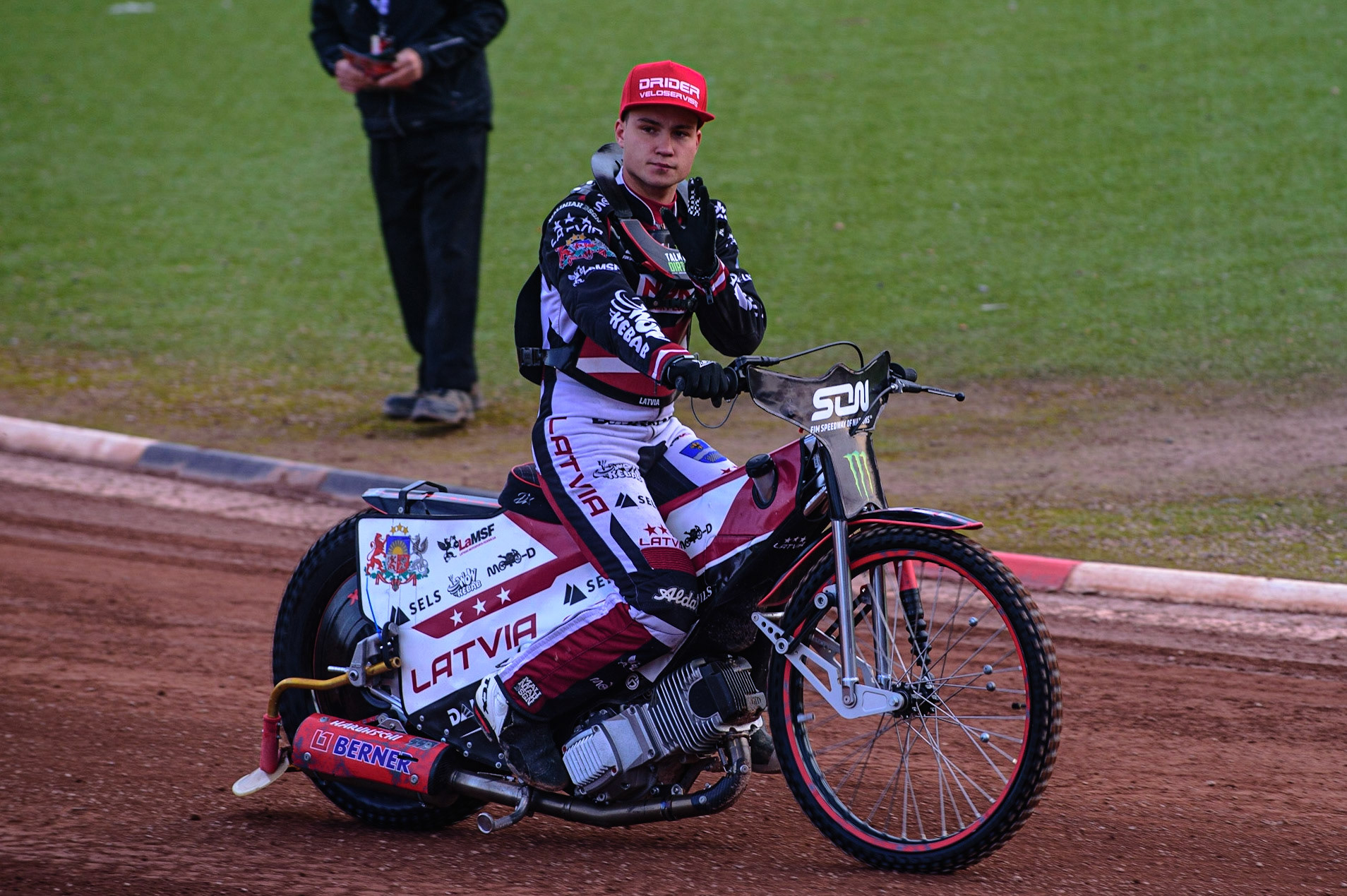 MANCHESTER, UK. OCT 16TH Olegs Mijailovs of Latvia on the parade during the Monster Energy FIM Speedway of Nations at the National Speedway Stadium, Manchester on Saturday  16th October 2021. (Credit: Ian Charles | MI News)