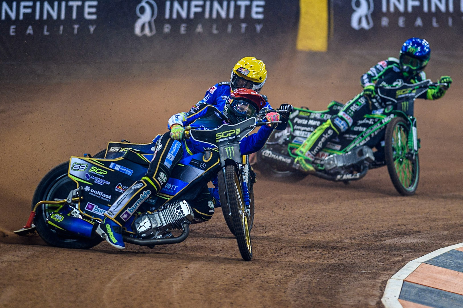 Jason Doyle (69) (Red) leads  Robert Lambert (505) (Yellow) and Patryk Dudek (692) (Blue) during the FIM Speedway Grand Prix of Great Britain at the Principality Stadium, Cardiff on Saturday 2nd September 2023. (Photo: Ian Charles | MI News)