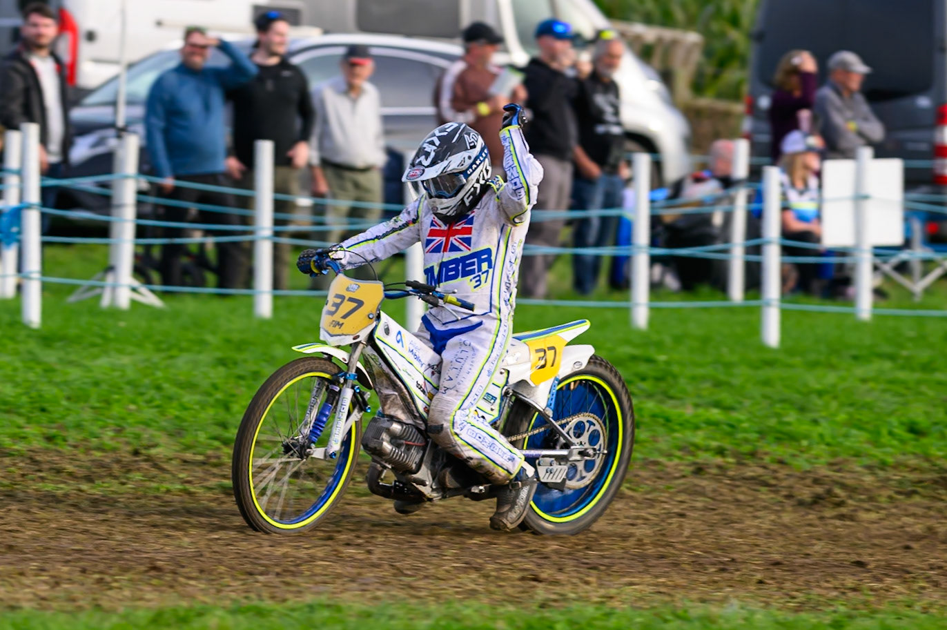British Masters (Solos): Chris Harris (37)  celebrates his win during the British Masters Grasstrack Championship at Lower Marsh Farm, Much Hoole, Preston in Lancashire, England on Sunday 13th September 2026. (Photo: Ian Charles | MI News)