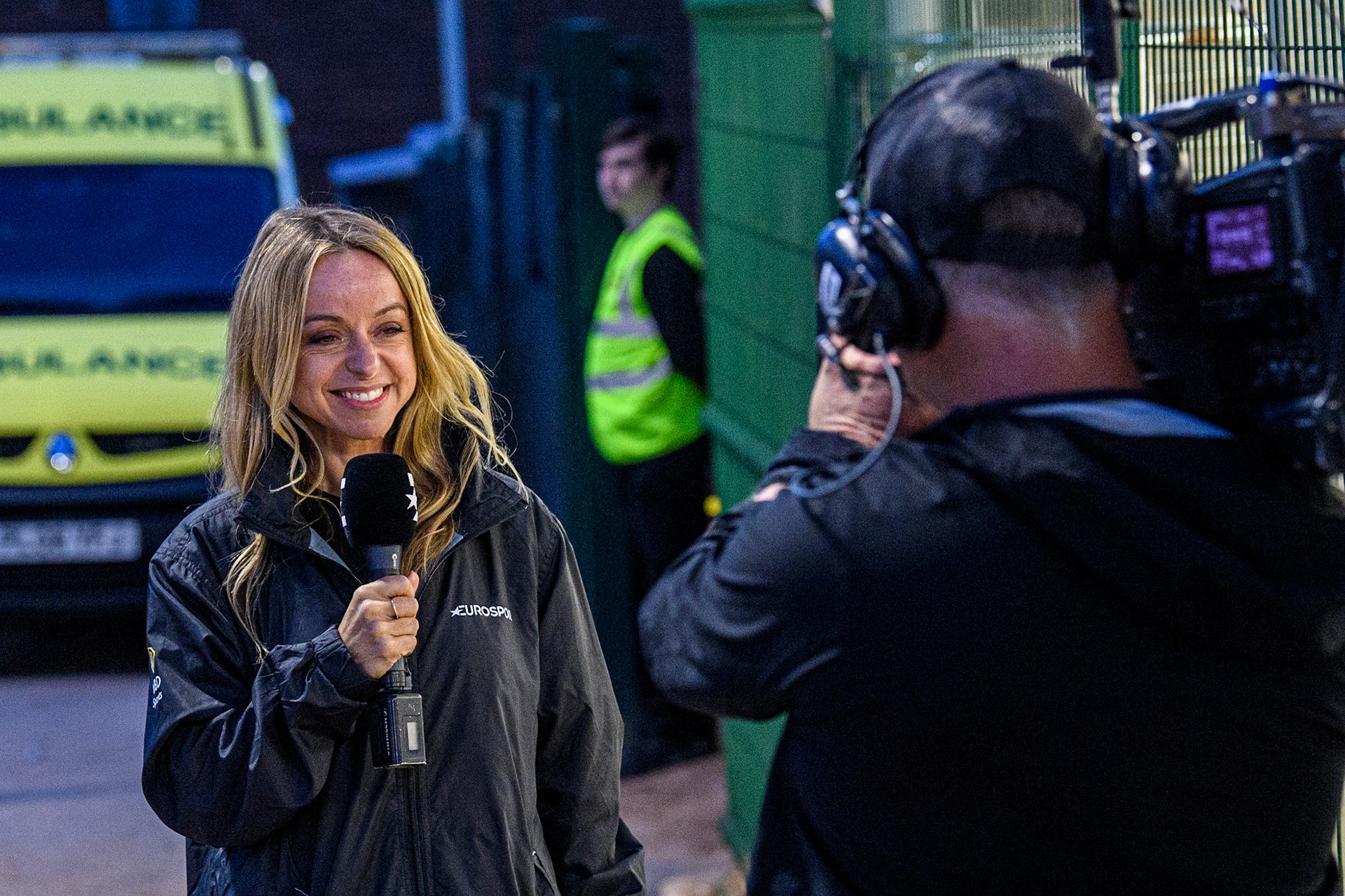 Eurosport presenter Abi Stephens does a piece to Camera during the Sports Insure Premiership match between Belle Vue Aces and Ipswich Witches at the National Speedway Stadium, Manchester on Monday 17th July 2023. (Photo: Ian Charles | MI News)