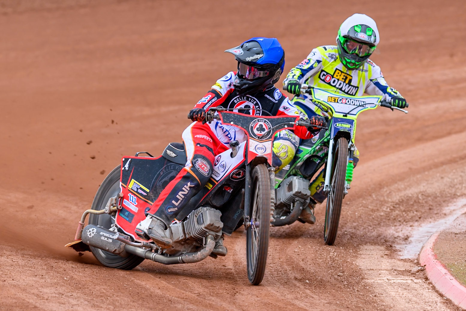 Belle Vue Aces' Zach Cook in Blue leading Oxford Spires' Charles Wright in White during the Rowe Motor Oil Premiership match between Belle Vue Aces and Oxford Spires at the National Speedway Stadium, Manchester on Monday 26th May 2025. (Photo: Ian Charles | MI News)