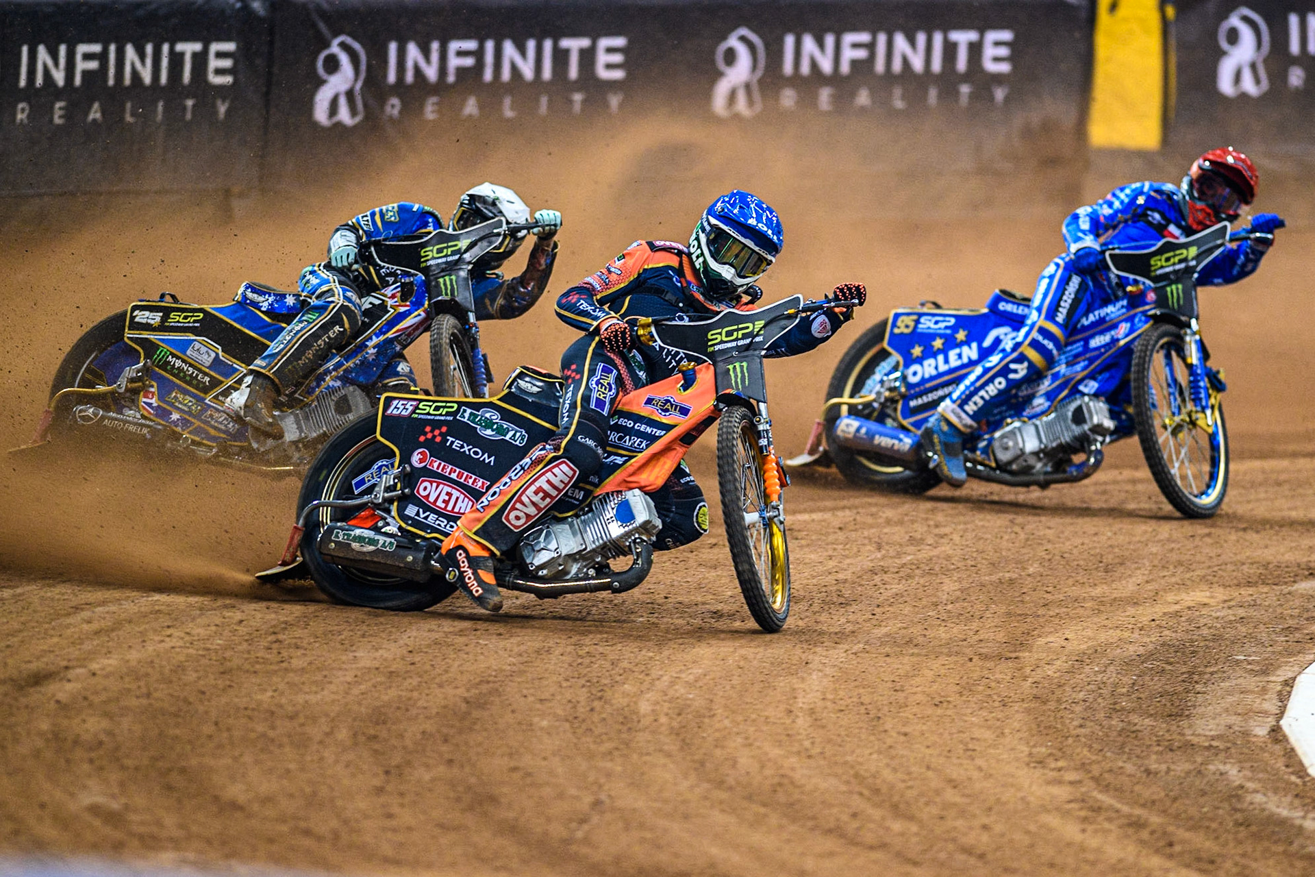 Mikkel Michelsen (155) (Blue) leads  Bartosz Zmarzlik (95) (Red) and Jack Holder (25) (White) during the FIM Speedway Grand Prix of Great Britain at the Principality Stadium, Cardiff on Saturday 2nd September 2023. (Photo: Ian Charles | MI News)