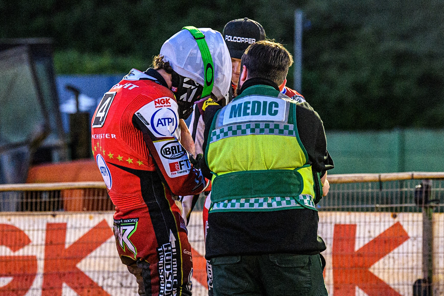 Charles Wright with the medics after his fall in Heat 14 during the Sports Insure Premiership match between Wolverhampton Wolves and Belle Vue Aces at Monmore Green Stadium, Wolverhampton on Monday 29th May 2023. (Photo: Ian Charles | MI News)