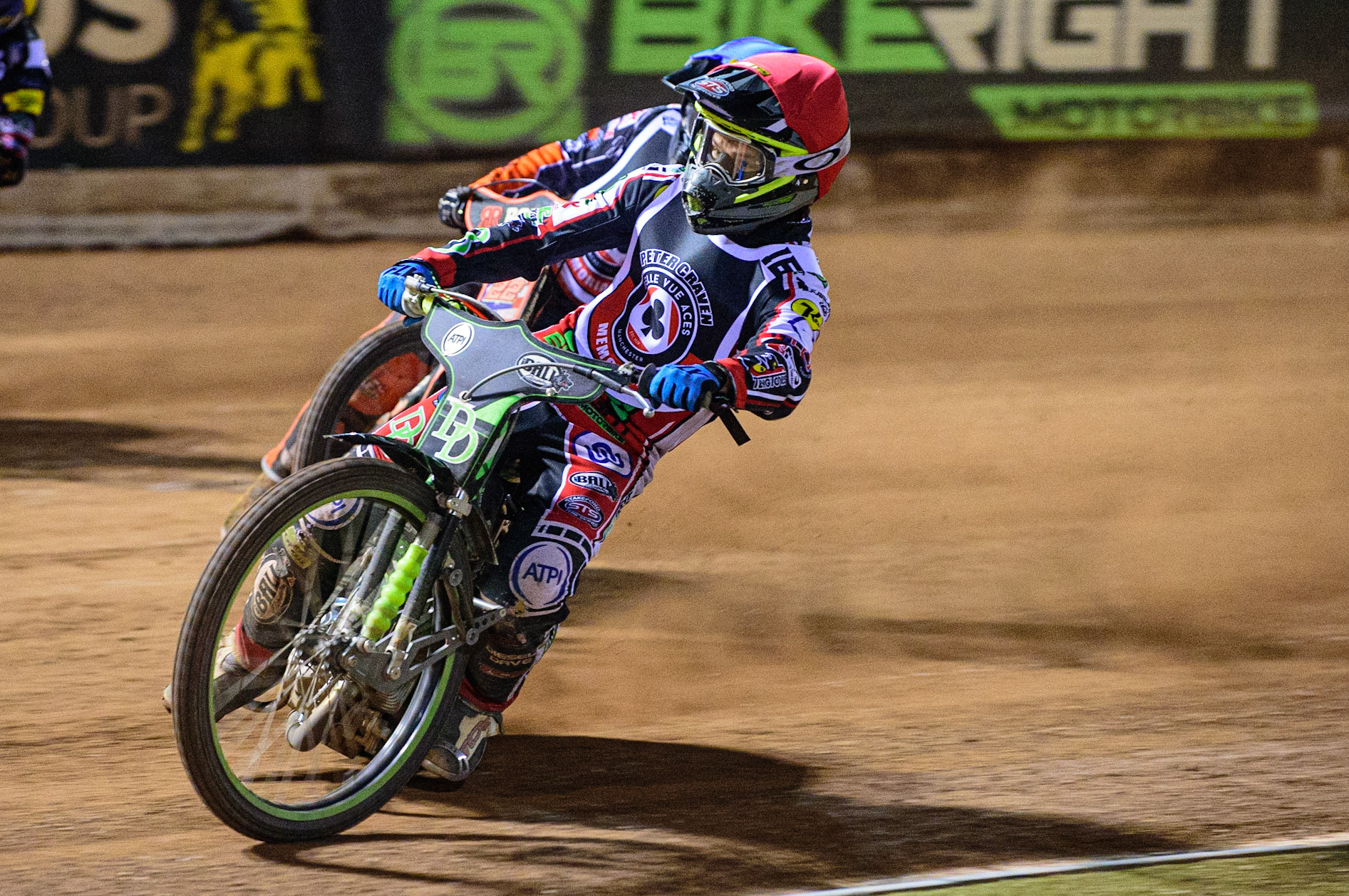 MANCHESTER, UK. OCT 23RD  Charles Wright  (Red) leads Luke Becker  (Blue) during the Peter Craven Memorial Trophy event at the National Speedway Stadium, Manchester on Saturday 23rd October 2021. (Credit: Ian Charles | MI News)