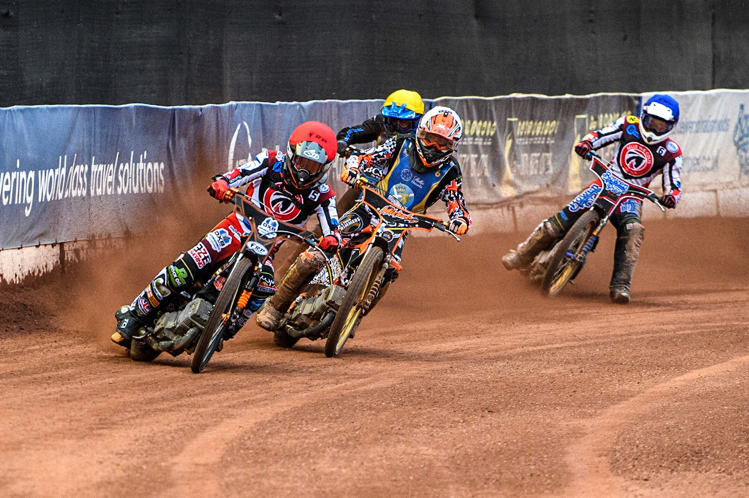 Jack Smith (Red) leads Mickie Simpson (White) Ashton Boughen (Yellow) and Paul Bowen (Blue) during the National Development League match between Belle Vue Colts and Edinburgh Monarchs Academy at the National Speedway Stadium, Manchester on Friday 21st July 2023. (Photo: Ian Charles | MI News)
