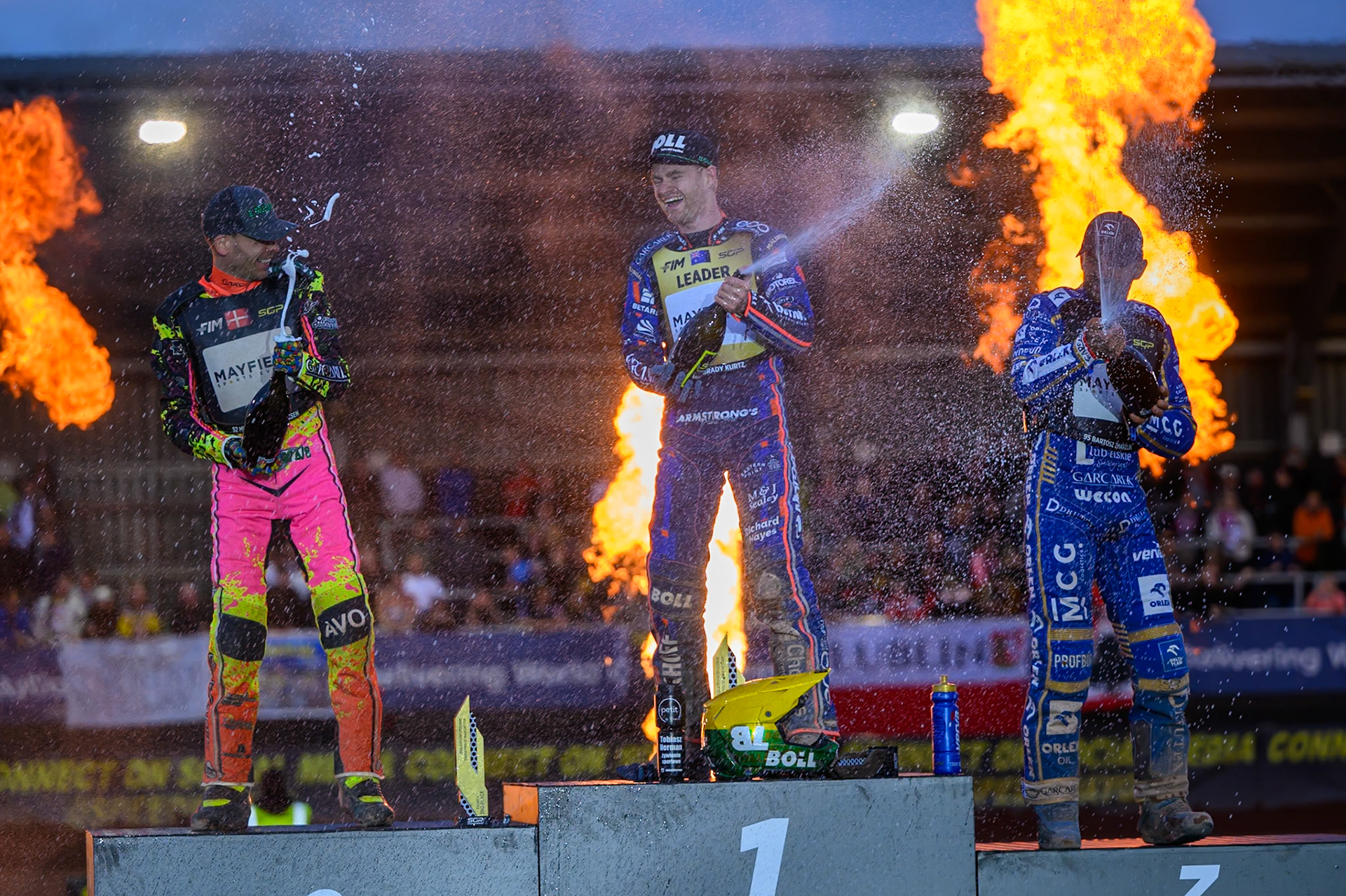 Champagne capers during the ATPI  FIM Speedway GP of Manchester at the National Speedway Stadium, Manchester on Saturday 6th June 2026. (Photo: Ian Charles | MI News)