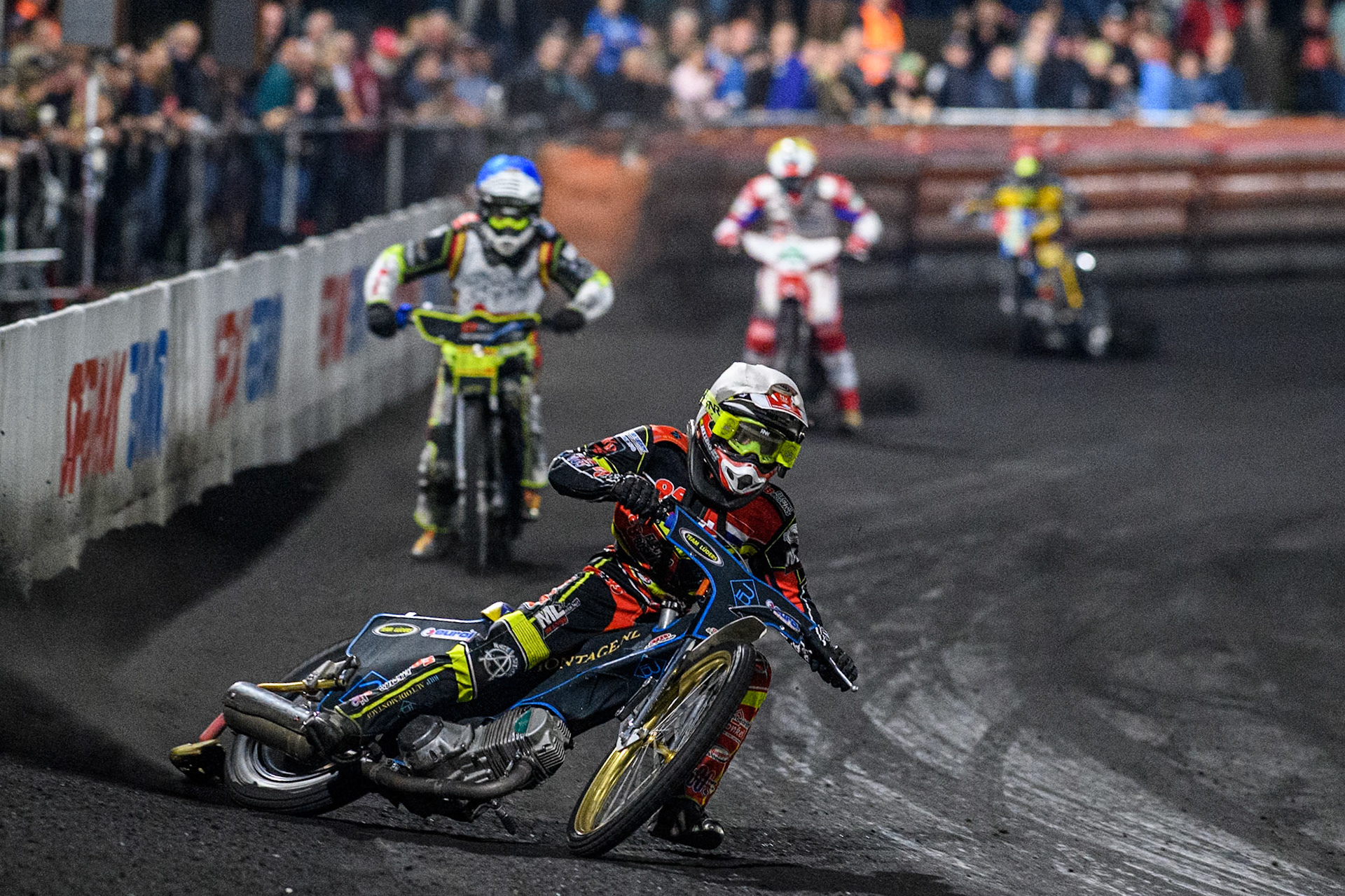 Niek Mijerink in White leading Abe Koonstra in Blue, \Johann Schaap in Yellow and Remon Huizinga in Red in the Veenoord Bokaal Support class during the Golden JOPA Helmet at Sportpark Veenoord, Veenoord, Netherlands on Saturday 21st September 2024. (Photo: Ian Charles | MI News)