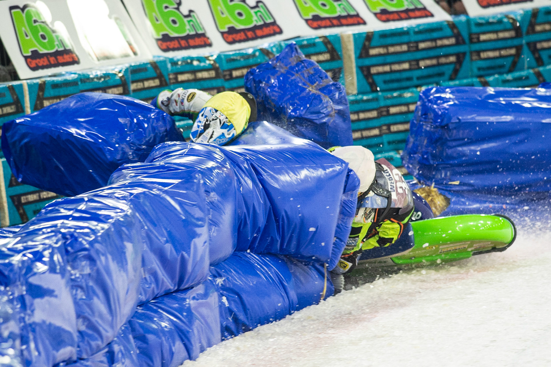 Photo: Ian Charles

Johann Weber (33) and Dinar Valeev (114) lock together and crash out 

FIM Ice Speedway Gladiators World Championship, Event 5.1, Ice Rink Thialf, Heerenveen, Netherlands Saturday  30  March  2019