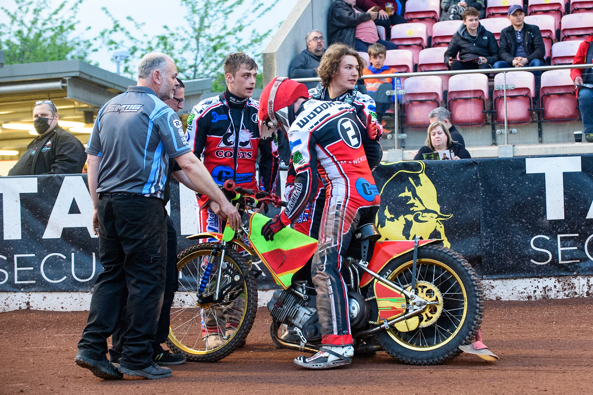 MANCHESTER, UK. MAY 28TH  Ben Woodhull  is congratulated by his team Belle Vue Cool Running Colts team mates after the Colts score Maximum points to win the heat 5-1 during the SGB National Development League match between Belle Vue Colts and Berwick Bullets at the National Speedway Stadium, Manchester on Friday 28th May 2021. (Credit: Ian Charles | MI News)