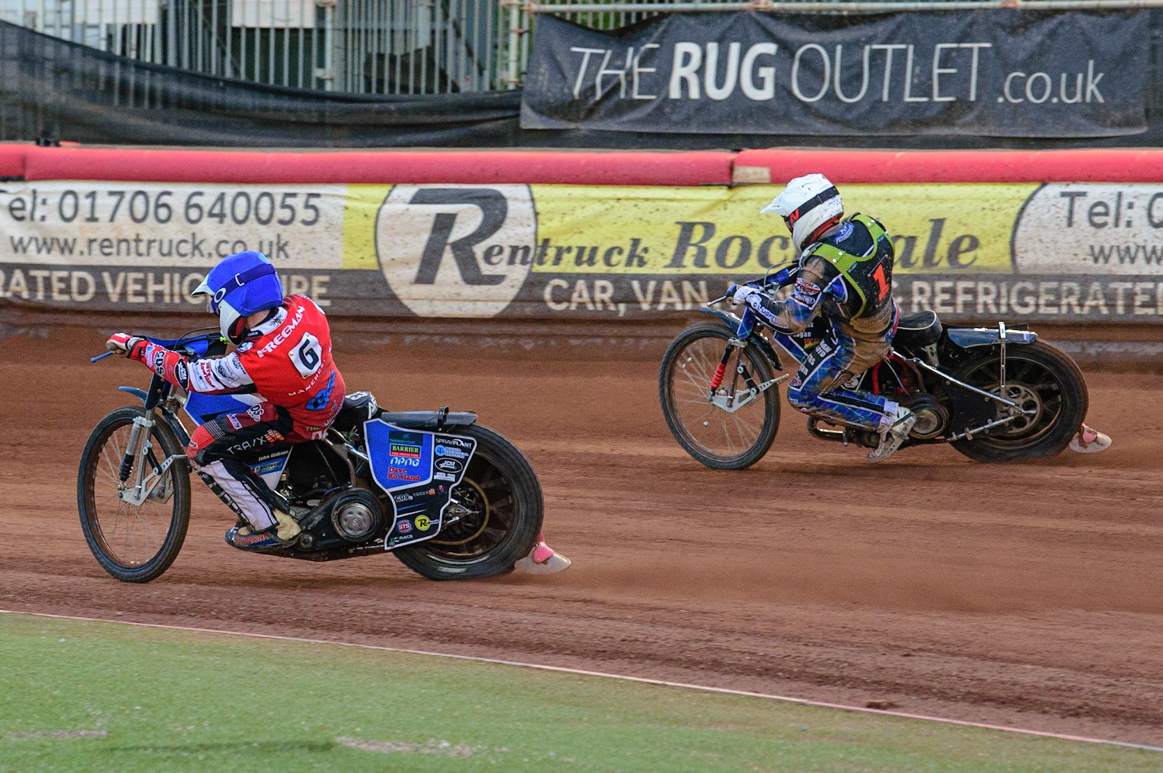 Archie Freeman  (Blue) passes Greg Blair  (White) during the National Development League match between Belle Vue Colts and Mildenhall Fens Tigers at the National Speedway Stadium, Manchester on Friday 15th July 2022. (Credit: Ian Charles | MI News)