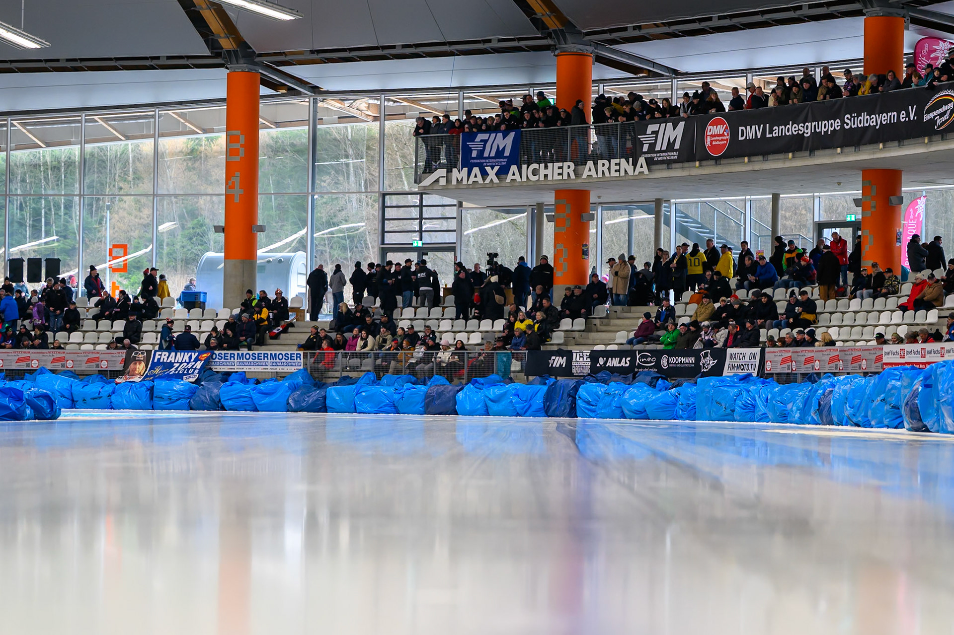 The riders view of the first turn from the start during the Ice Speedway Gladiators World Championship Final 2 at Max-Aicher-Arena, Inzell on Sunday 15th March 2026. (Photo: Ian Charles | MI News)