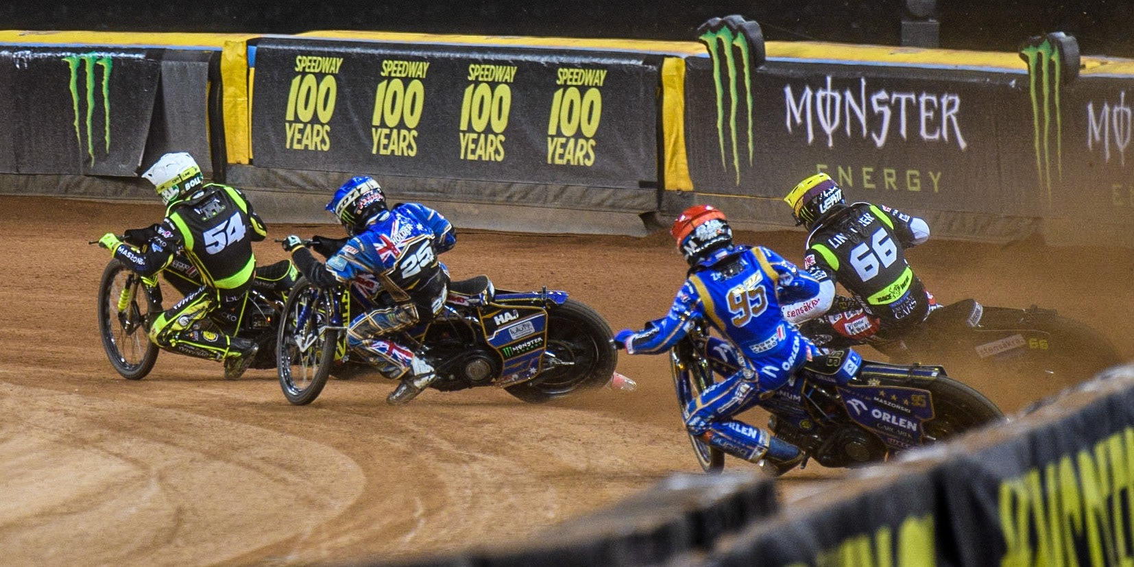 Martin Vaculik (54) (White) leads  the final ahead of Jack Holder (25) (Blue), Freddie Lindgren (66) (Yellow) and Bartosz Zmarzlik (95) (Red) during the FIM Speedway Grand Prix of Great Britain at the Principality Stadium, Cardiff on Saturday 2nd September 2023. (Photo: Ian Charles | MI News)