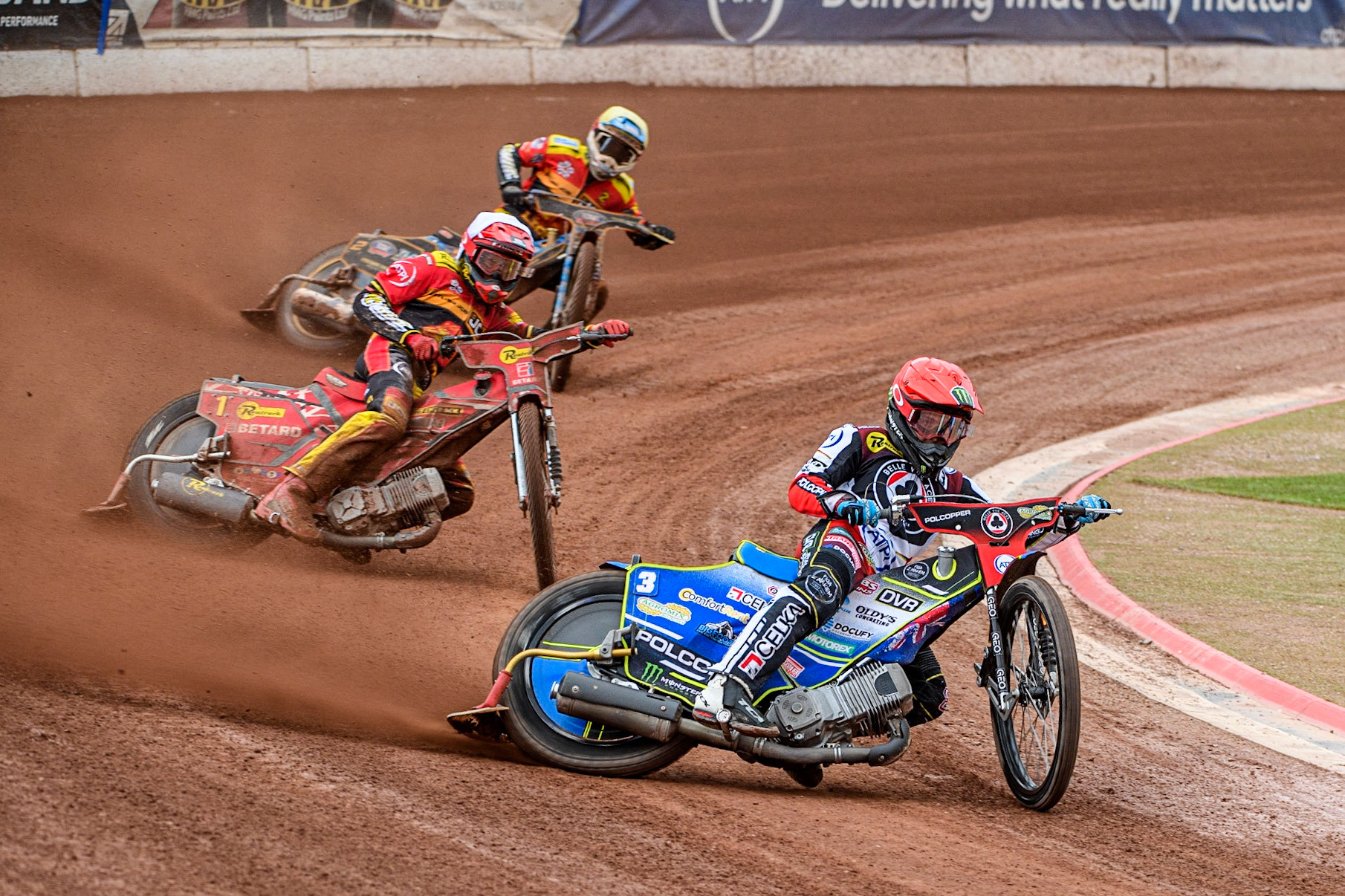 Jaimon Lidsey (Red) leads  Max Fricke (White) and Justin Sedgmen (Yellow) during the Sports Insure Premiership match between Belle Vue Aces and Leicester Lions at the National Speedway Stadium, Manchester on Monday 28th August 2023. (Photo: Ian Charles | MI News)