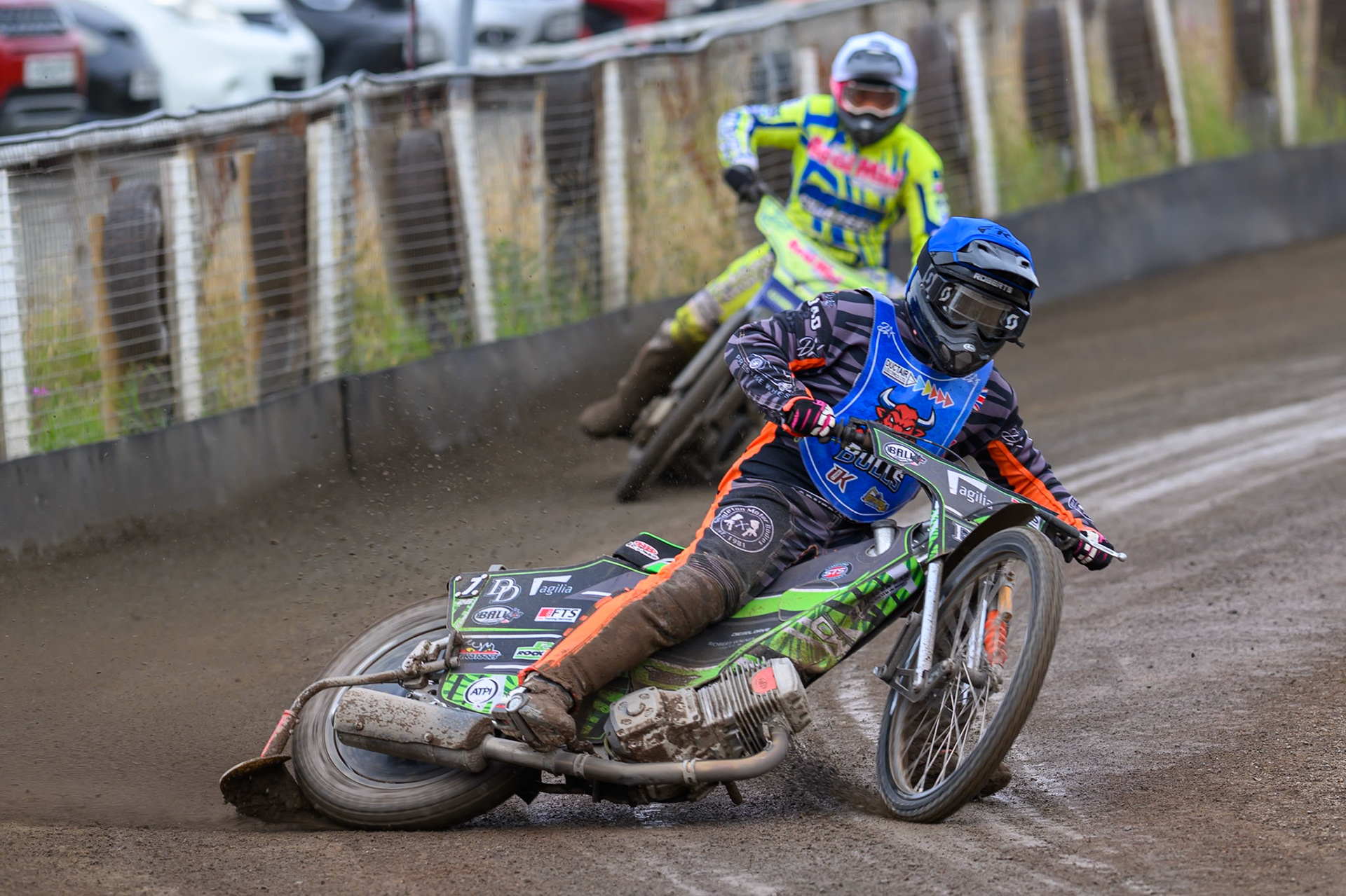 Jack Roberts of Buxton Bulls in Blue leading Oxford Chargers in White during the WSRA National Development League match between Buxton Bulls and Oxford Chargers at Hi-Edge Speedway, Buxton on Sunday 2nd August 2026. (Photo: Ian Charles | MI News)