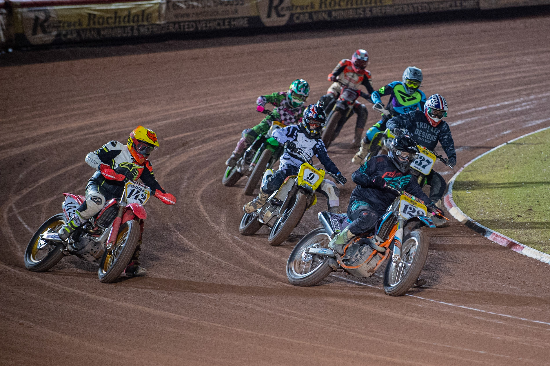 MANCHESTER, ENGLAND American style Flat Track racing demonstration race during the  ACU Sidecar Speedway Manchester Masters,  Belle Vue National Speedway Stadium, Manchester Saturday 12 October 2019 (Credit: Ian Charles | MI News)