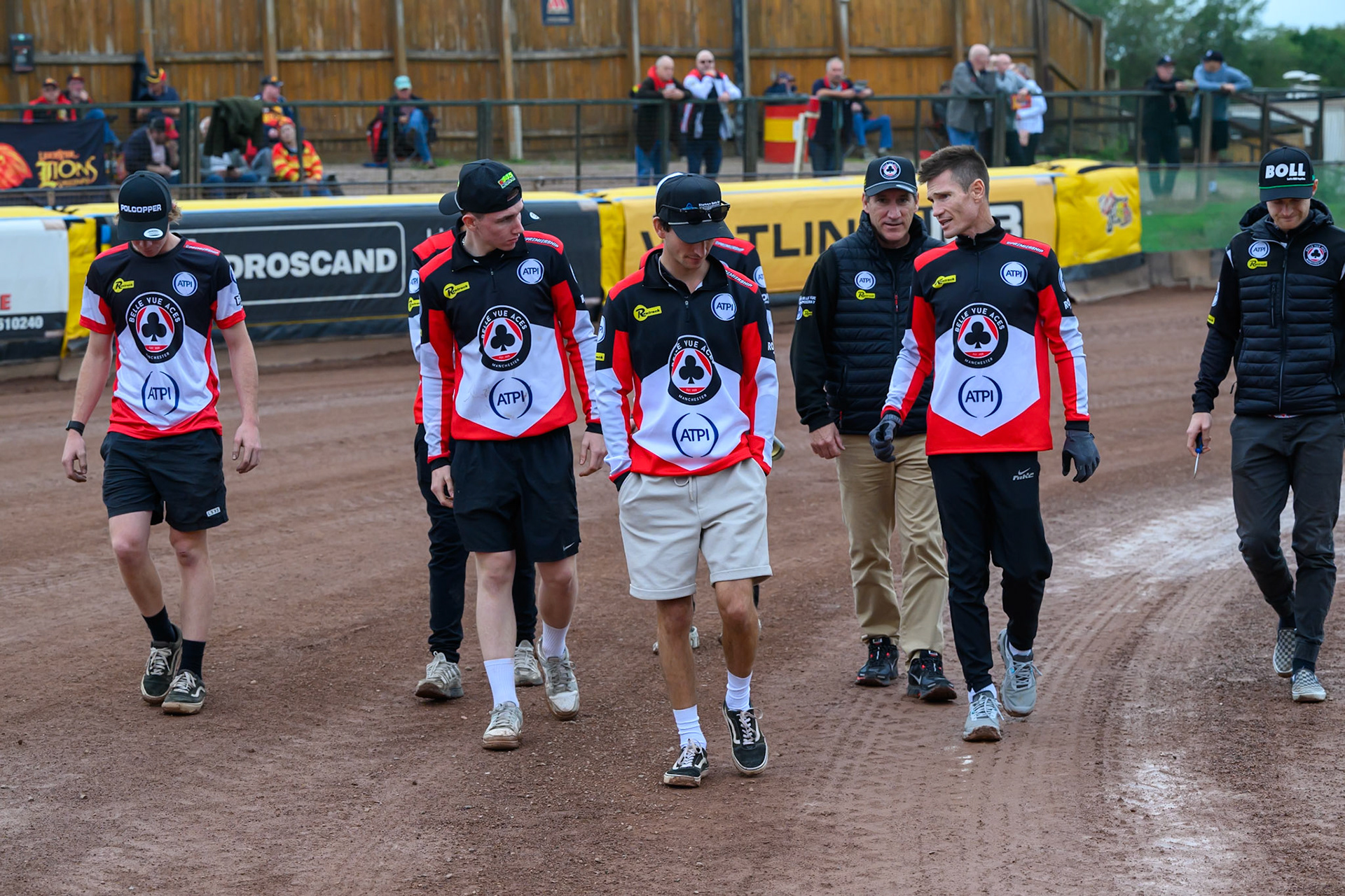Belle Vue Aces on their track walk during the Rowe Motor Oil Premiership match between Leicester Lions and Belle Vue Aces at the Hydroscan Arena, Leicester on Monday 7th September 2026. (Photo: Ian Charles | MI News)