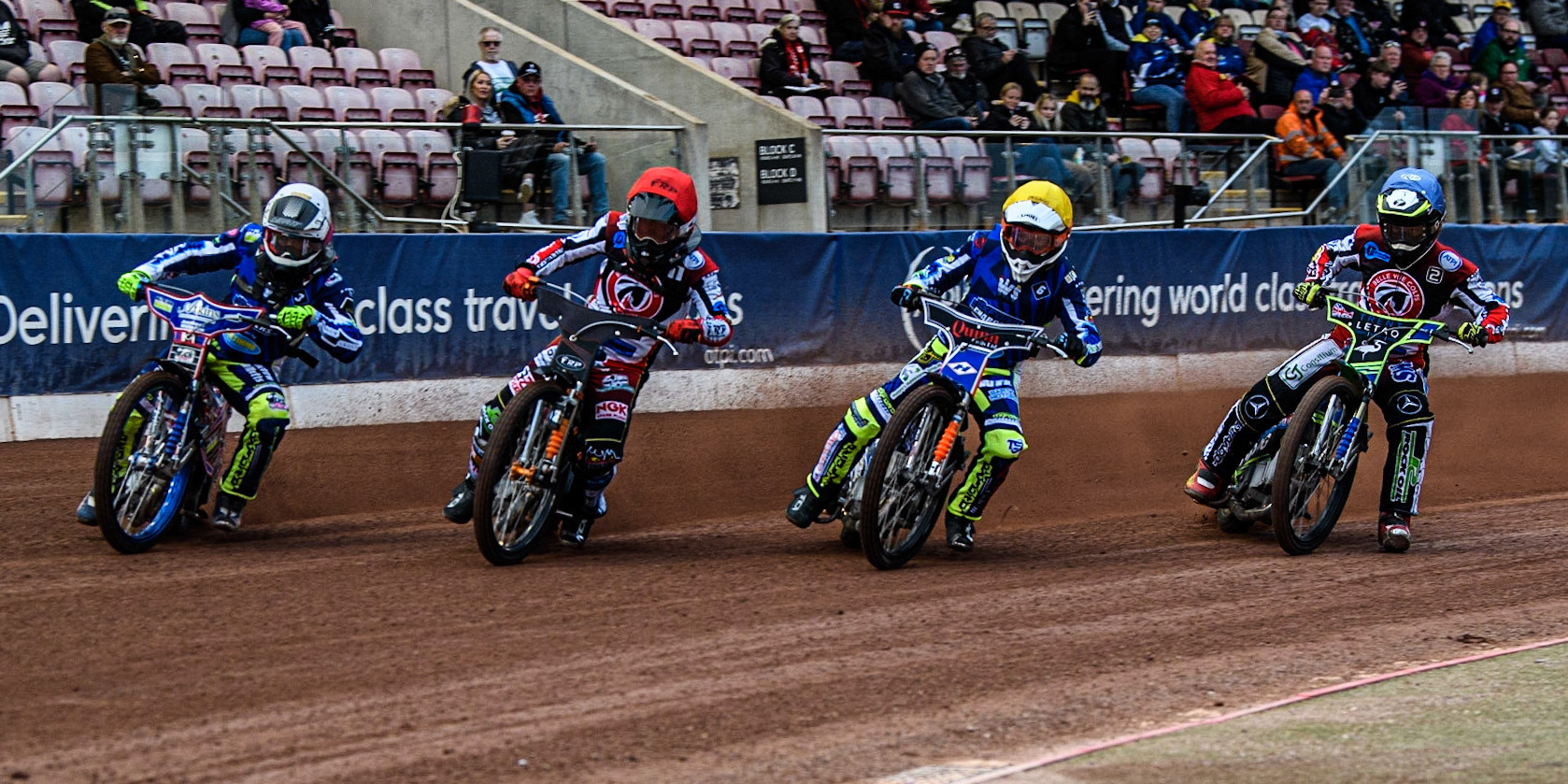 (l - r) Henry Atkins  (White), Jack Smith  (Red), Luke Killeen  (Yellow) and Luke Muff  (Blue) during the National Development League match between Belle Vue Colts and Oxford Chargers at the National Speedway Stadium, Manchester on Friday 12th May 2023. (Photo: Ian Charles | MI News)