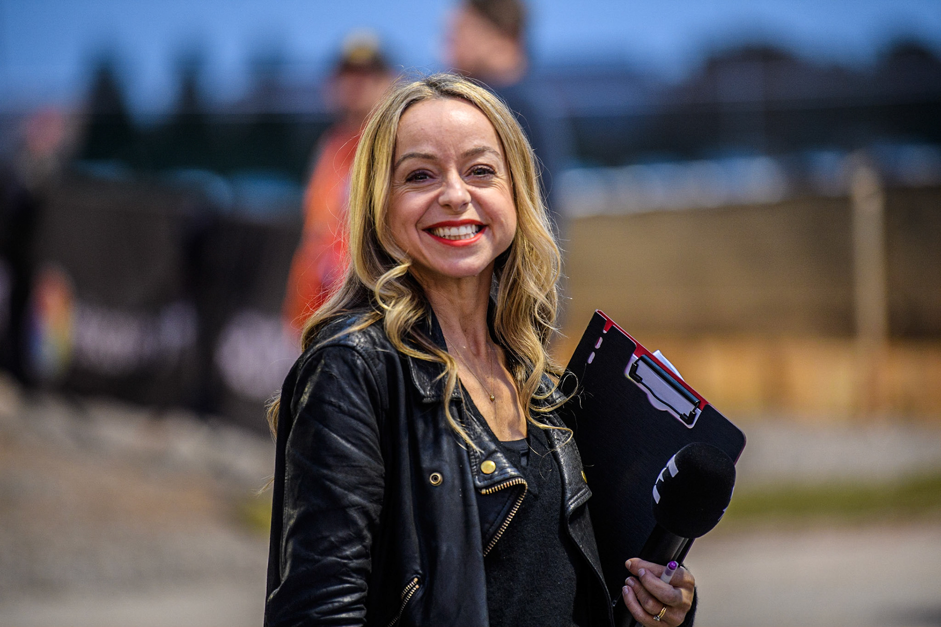 Eurosport Speedway presenter Abi Stephens during the Sports Insure Premiership Semi Final Playoff 2nd leg match between Belle Vue Aces and Ipswich Witches at the National Speedway Stadium, Manchester on Monday 25th September 2023. (Photo: Ian Charles | MI News)