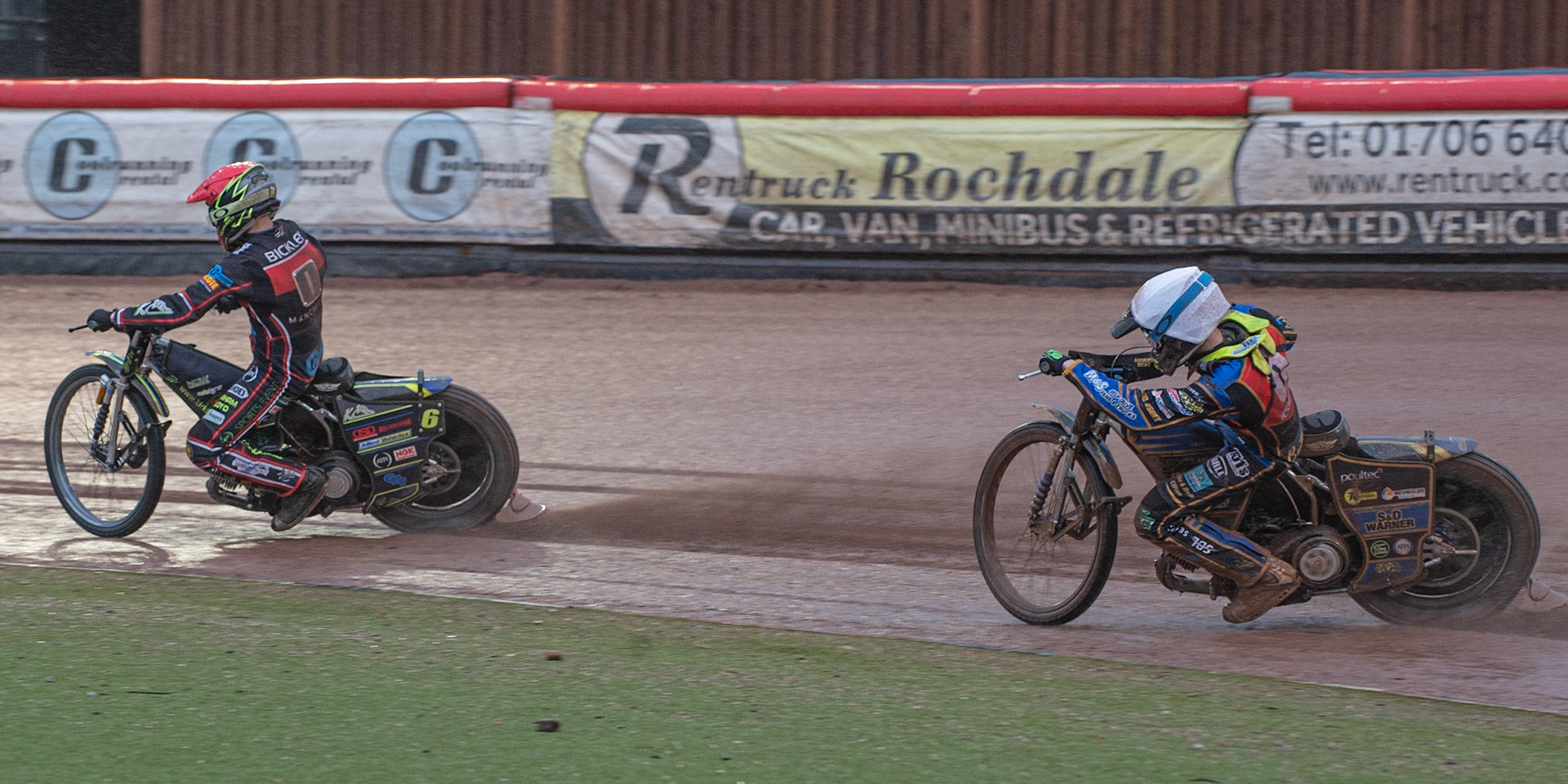 Photo: Ian Charles

Kyle Bickley  (Red) leads Anders Rowe  (White)

Belle Vue Colts v Kent Kings, SGB National League, Belle Vue National Speedway Stadium, Manchester, Thursday 1  August  2019